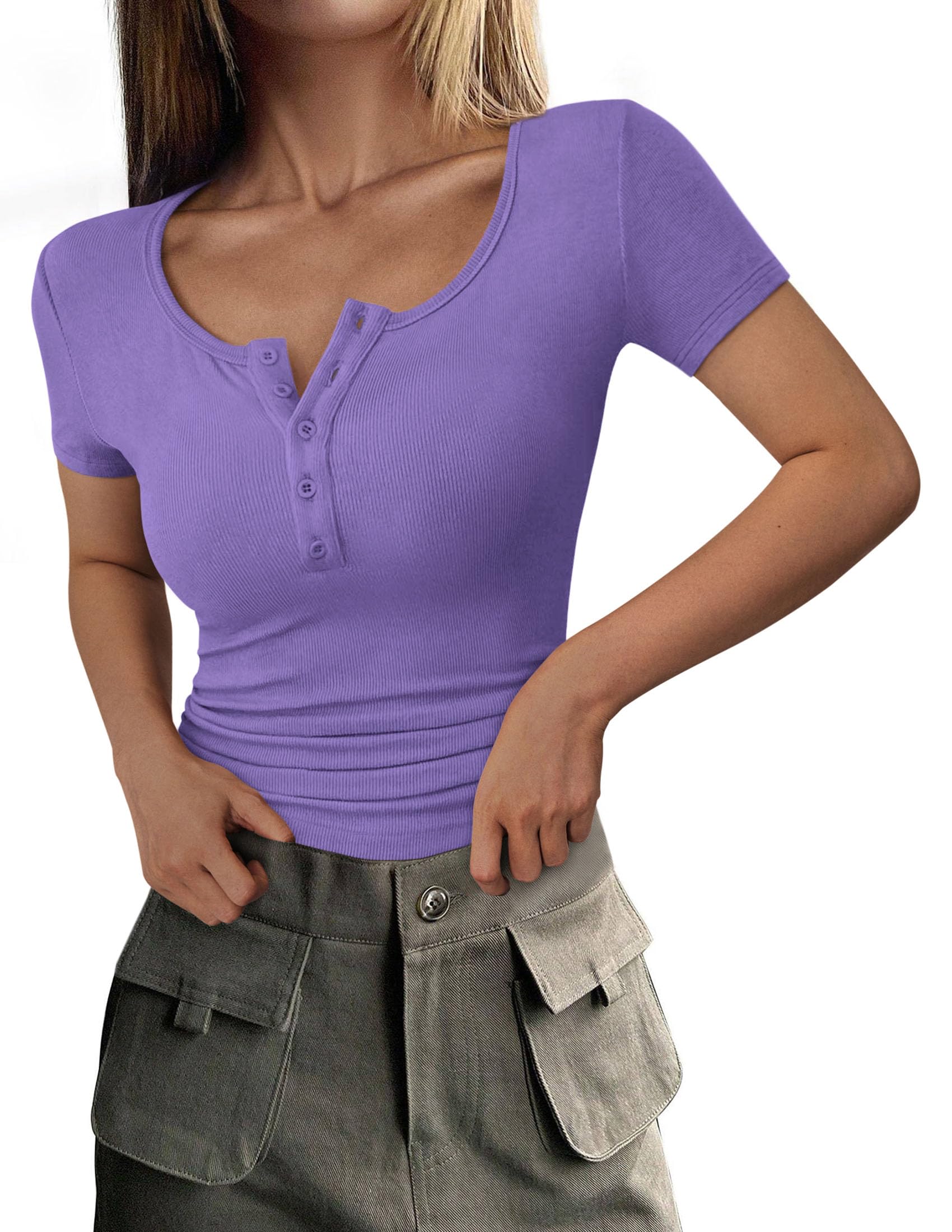 Women's Summer Tops Henley Tee Shirts (Grey Purple,X-Small)
