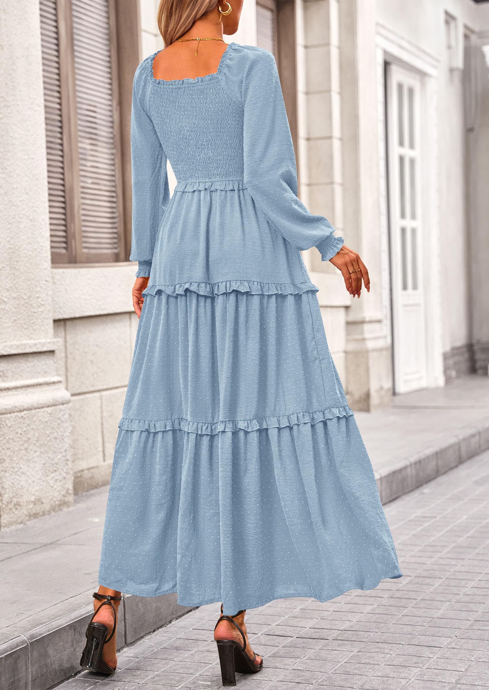 Women's Smocked Long Sleeve Maxi Dress Wedding Guest Dresses