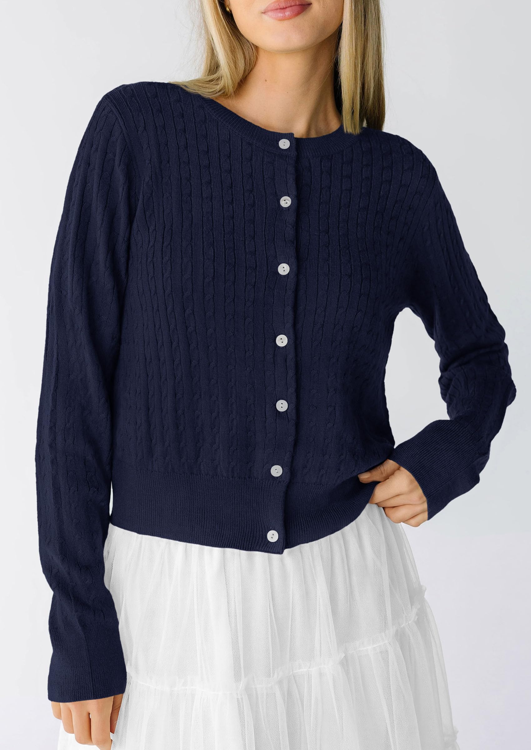 Women Fall Lightweight Cardigans Button Up Cable Knit Sweaters