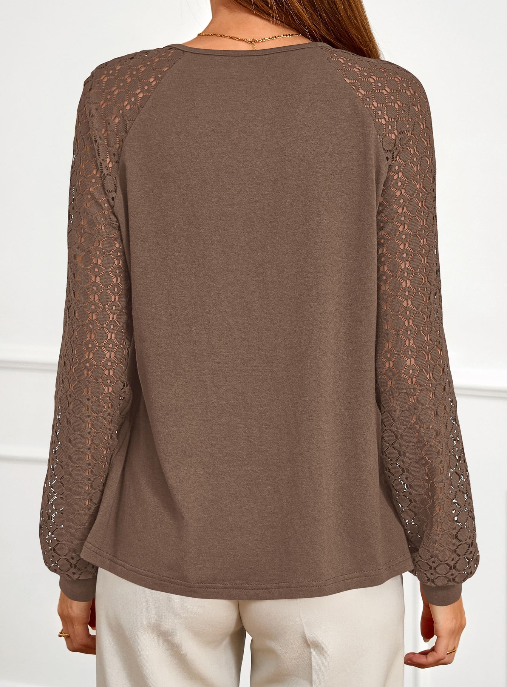 Women's Long Sleeve Shirts Fall Lace Tops,Light Brown,XL