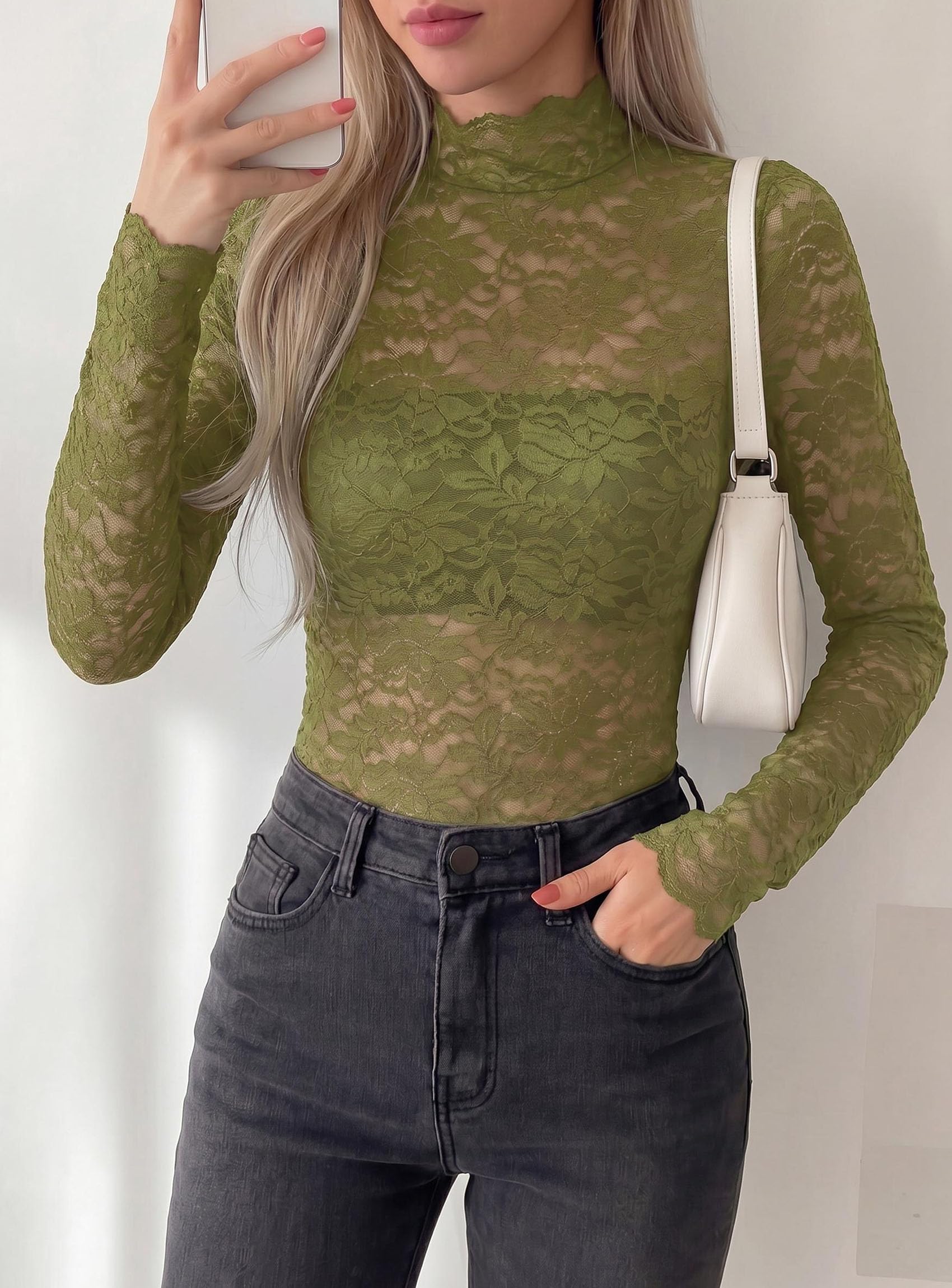 Womens Lace Long Sleeve Tops Sheer Mesh Blouse Green,S