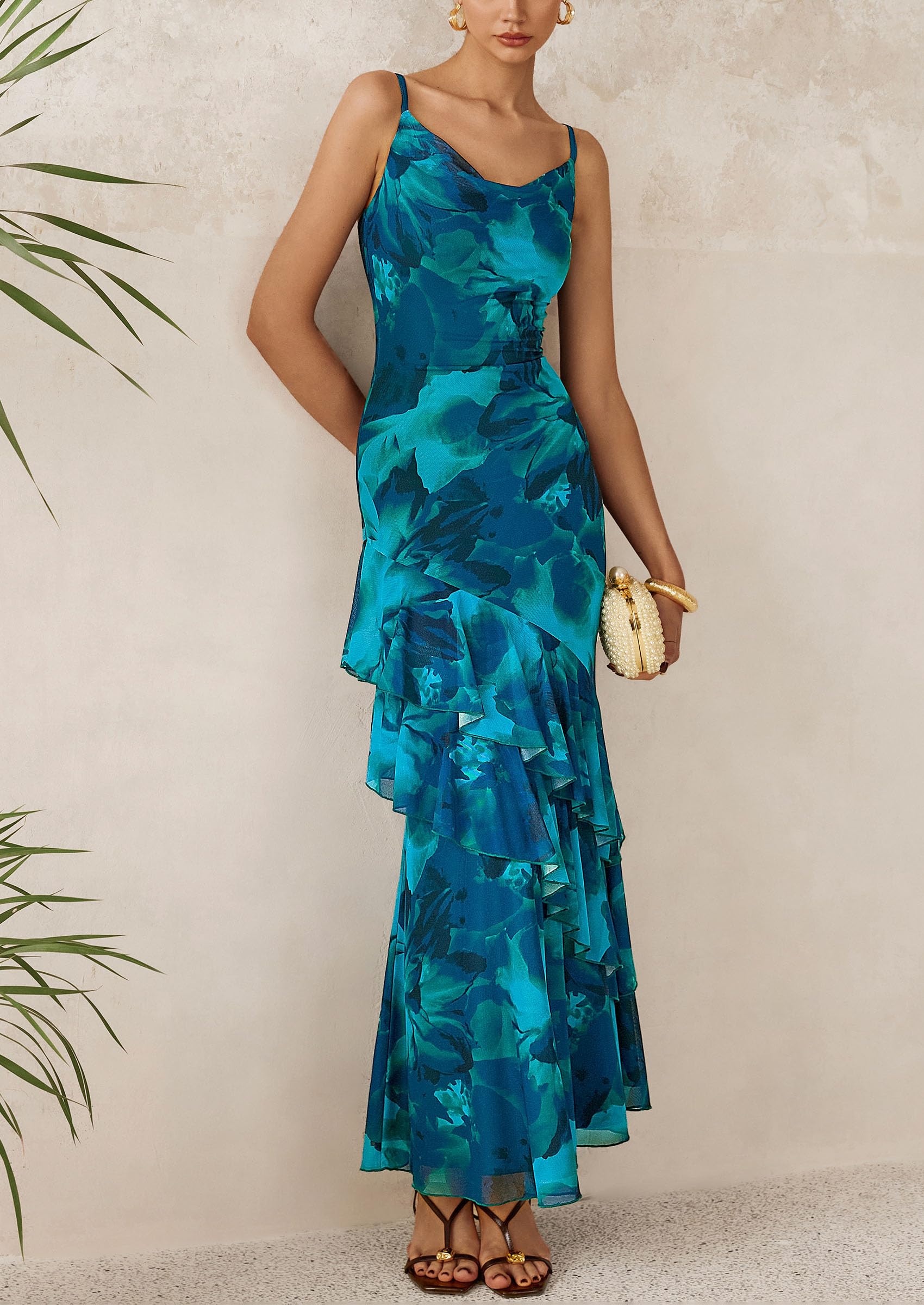 Women's Boho Floral Tiered Maxi Dress, Print Blue Green,XS
