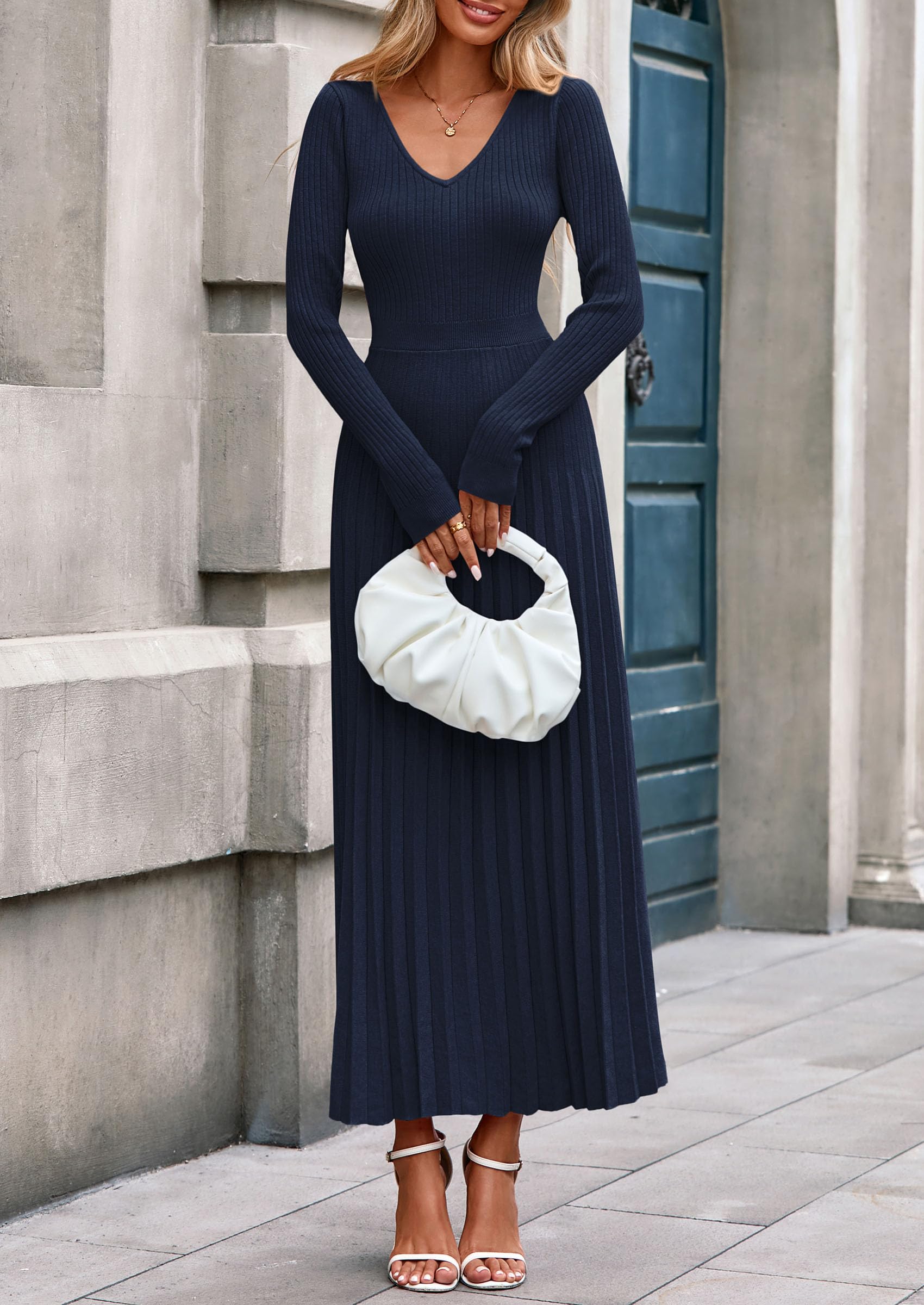 Sweater Dress Women Long Sleeve Maxi Flowy Pleated Dresses