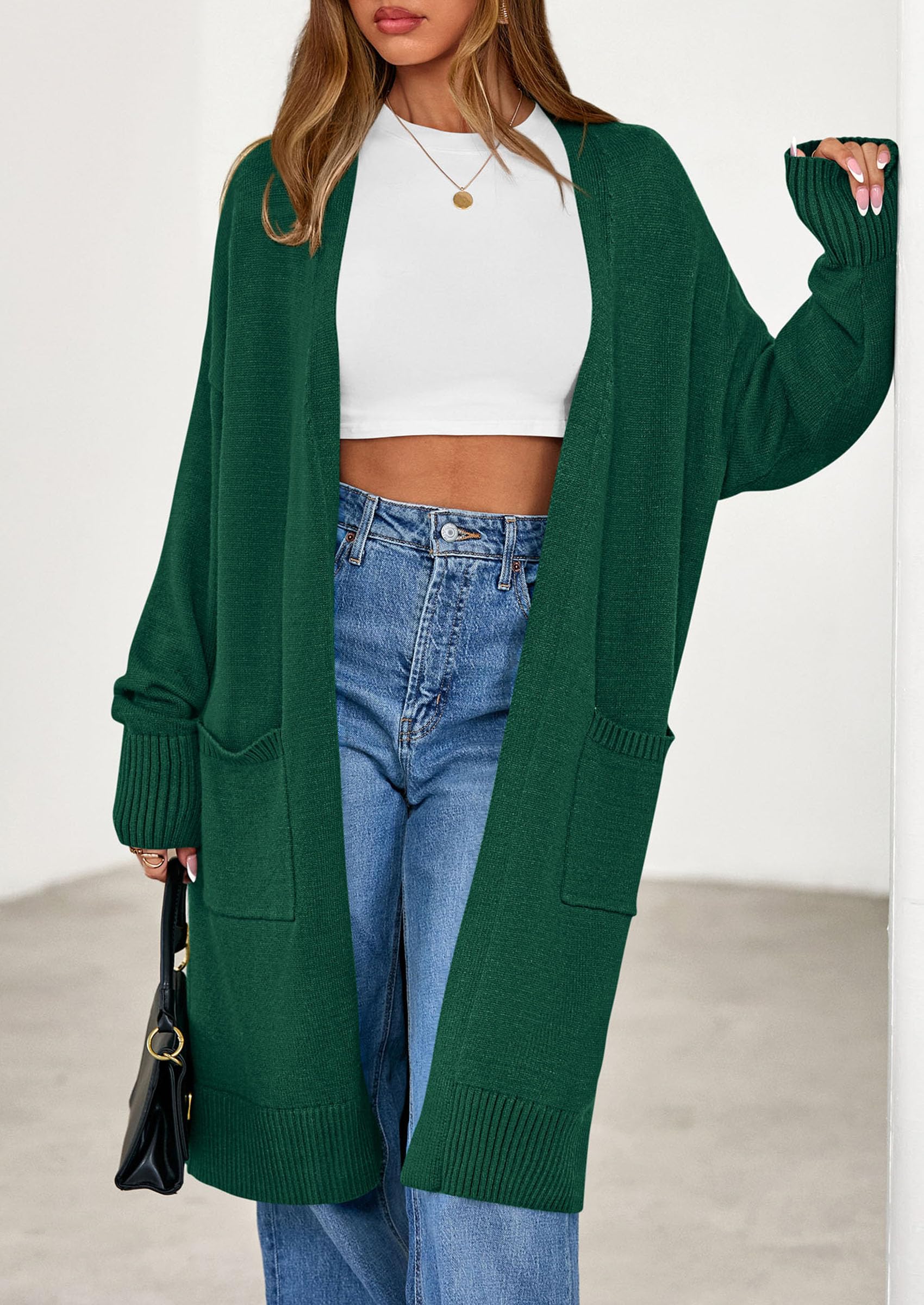 Women's Oversized Open Front Long Knit Cardigan,Green,S