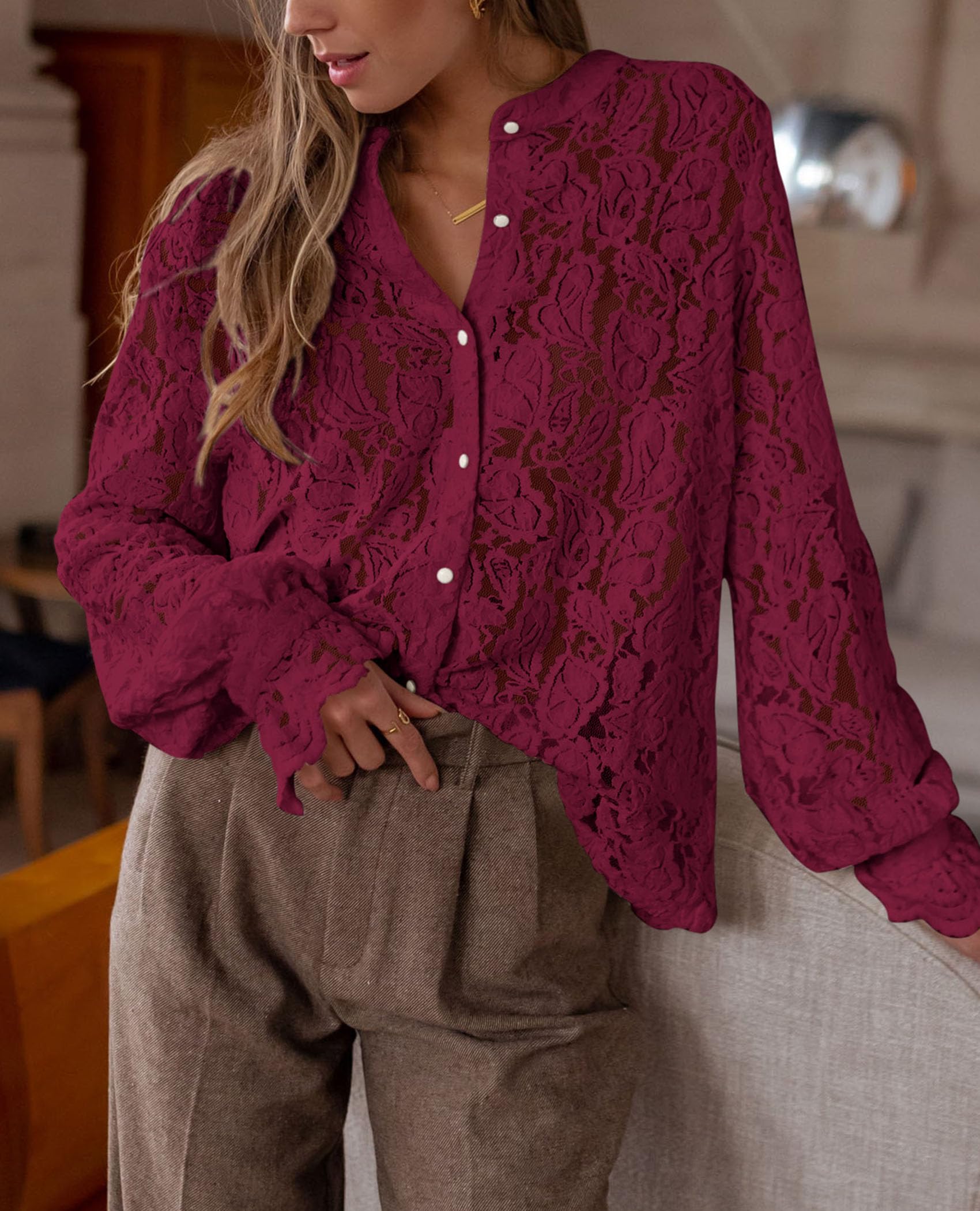 Women's Fall Trendy Long Sleeve Lace Tops(Wine Red,Small)