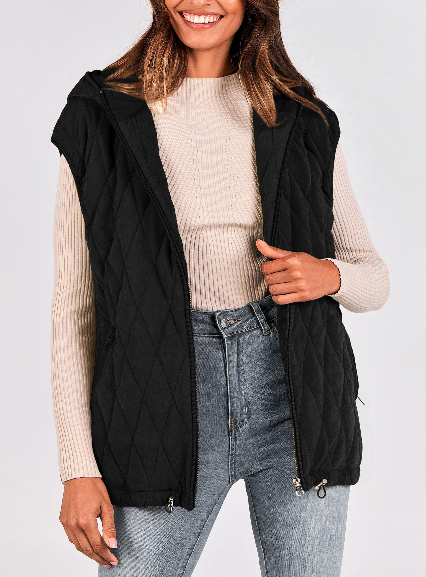 Women's Fall Fashion Vest Zip Up Jacket(Black,Small)