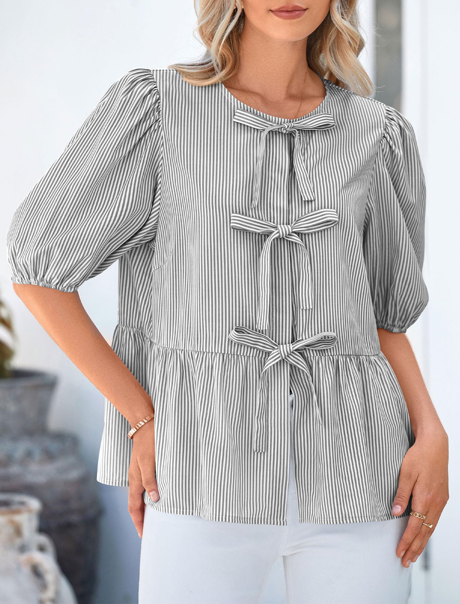 Women Striped Tie Front Babydoll Peplum Tops, Black,S