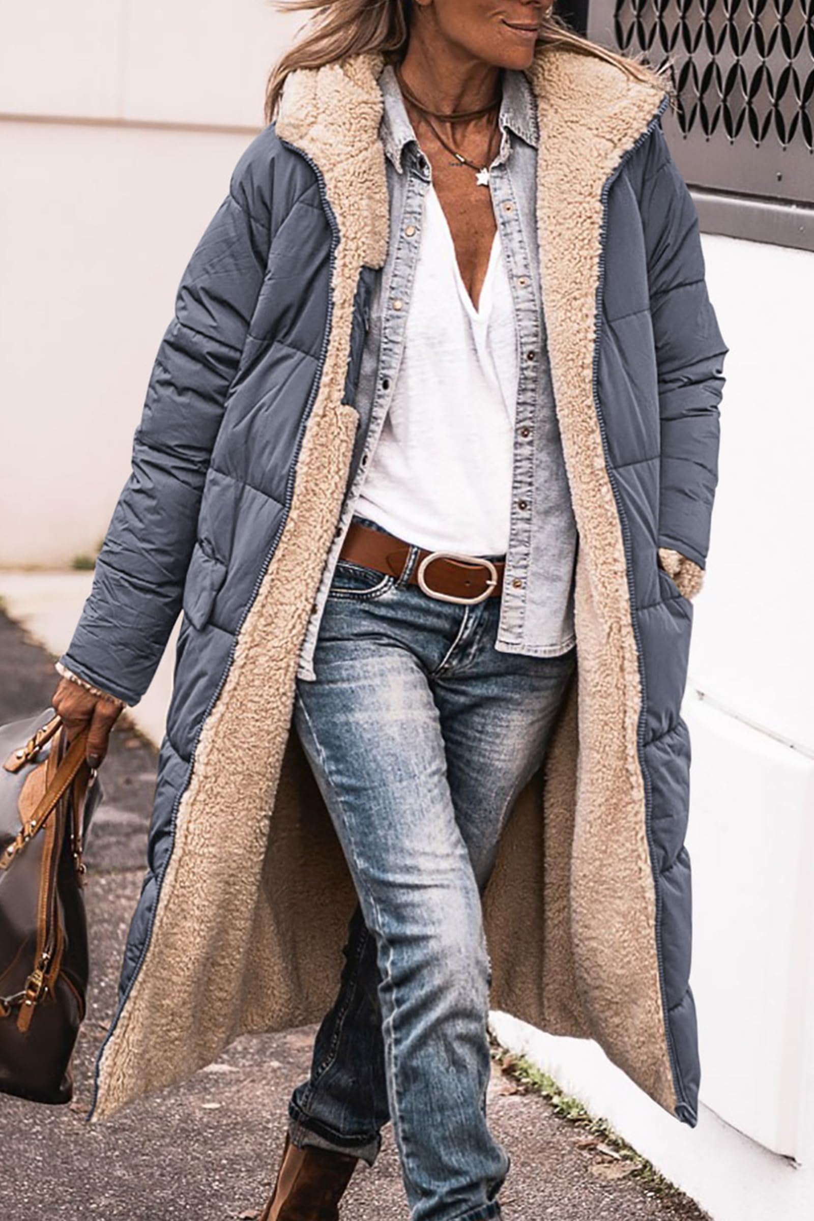 Women's Winter Fleece Warm Long Coats(Grey Blue,Small)
