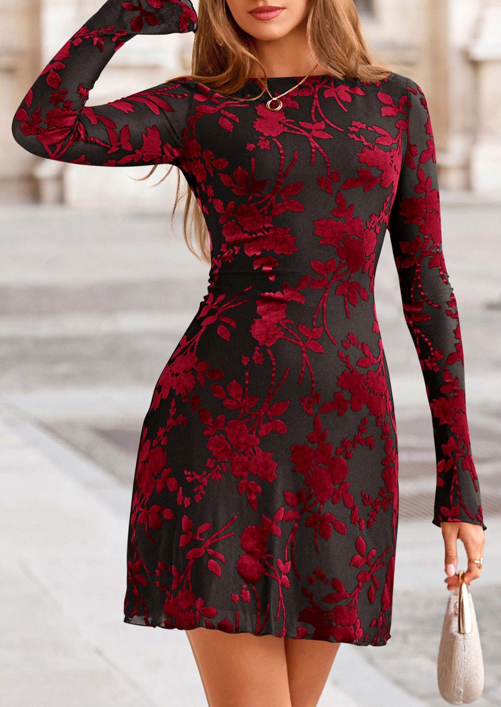 Women's Fall Floral Long Sleeve Mini Dress (Black Red,XS)