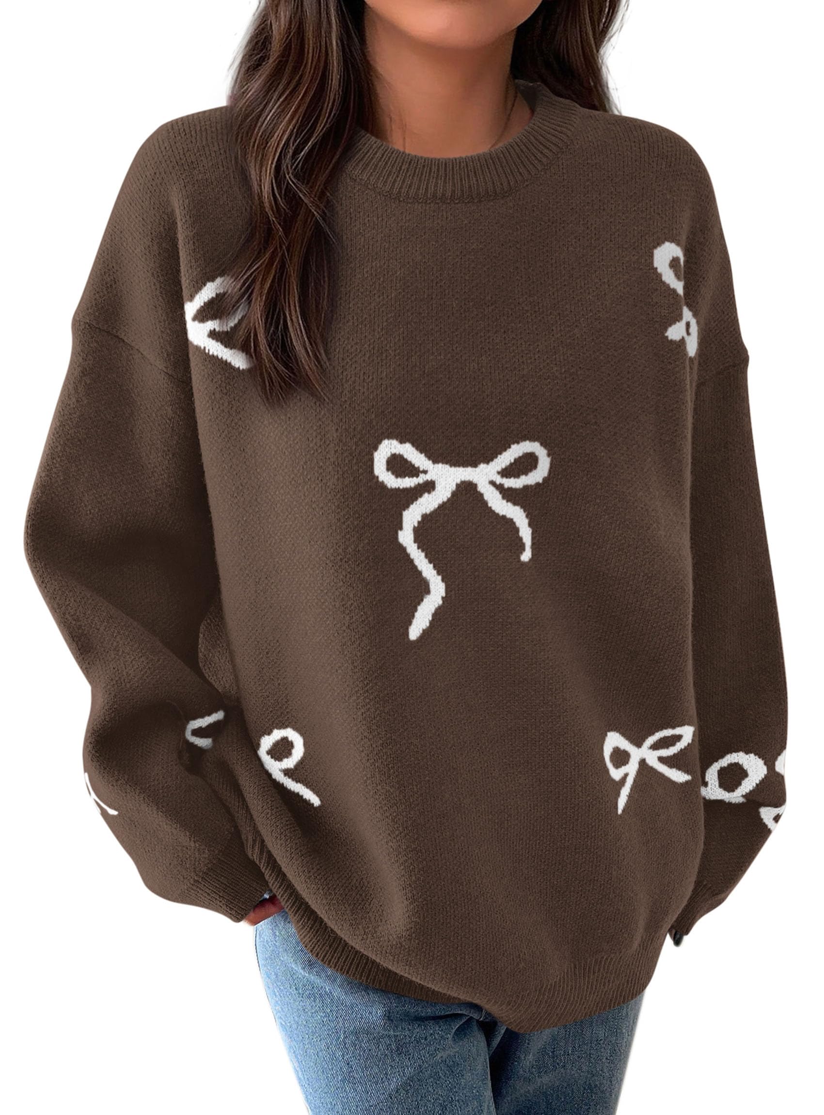 Women Long Sleeve Cute Bow Oversized Sweater,Brown,S