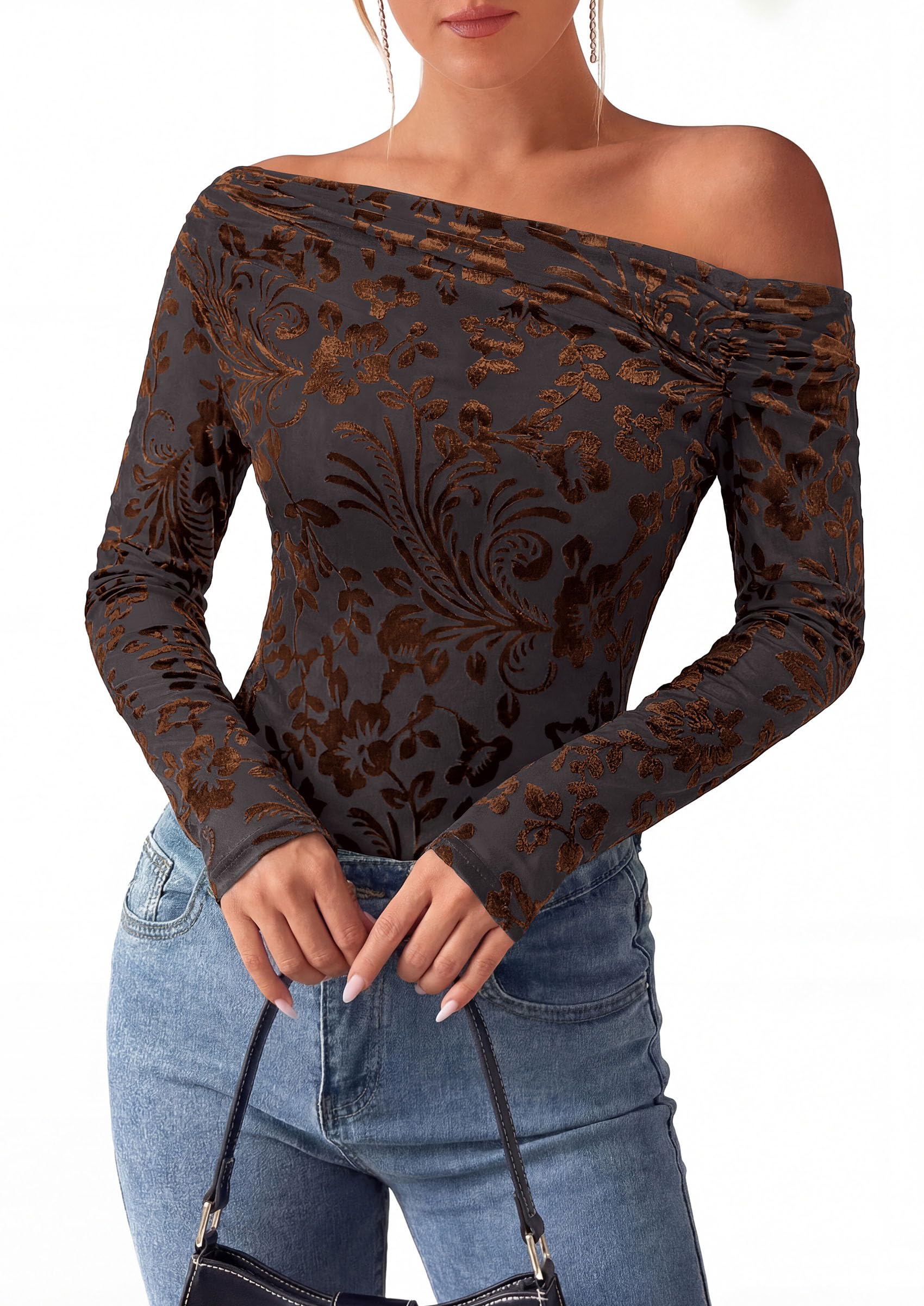 Off the Shoulder Tops for Women Fall Mesh Floral Blouses Brown