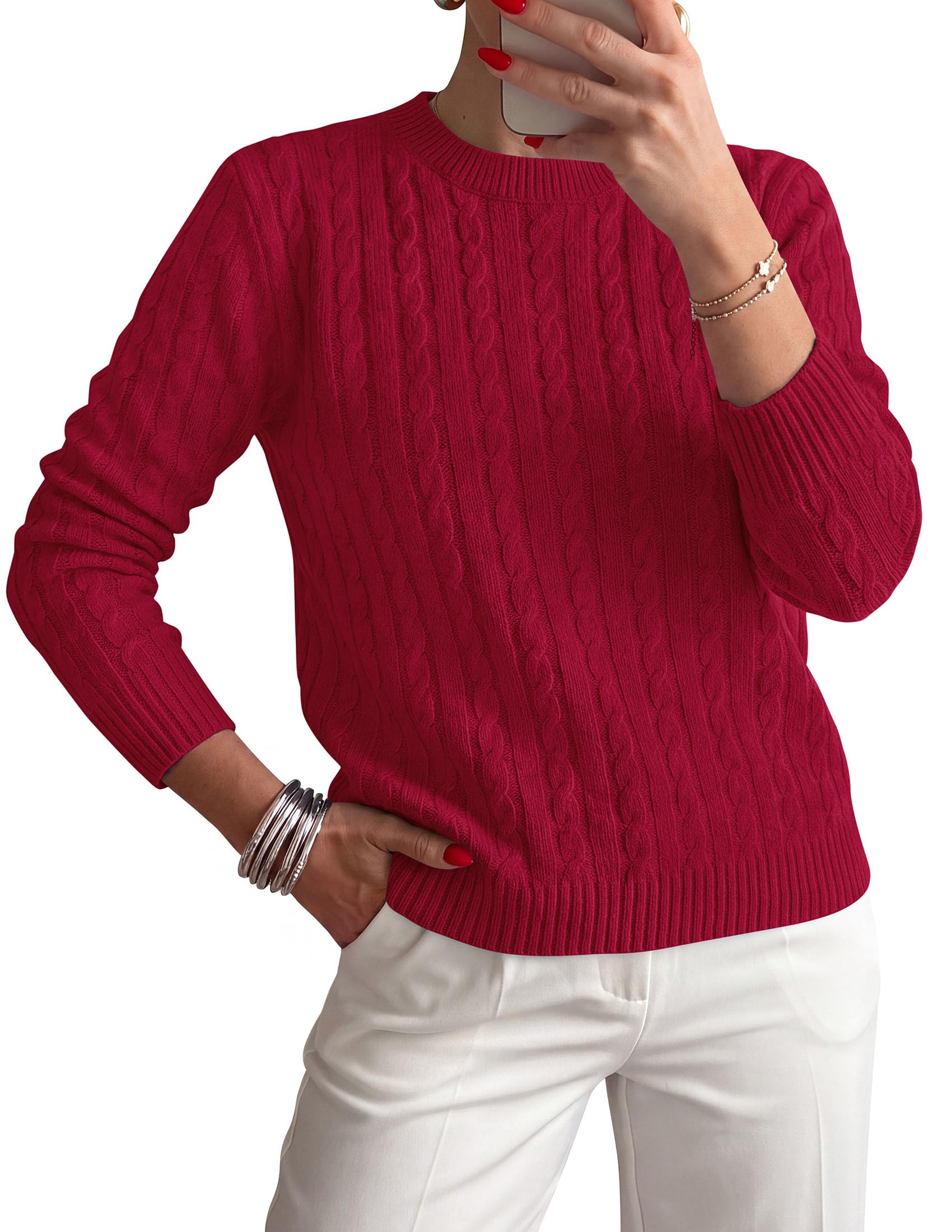 Womens Cable Knit Crewneck Fall Sweater Long Sleeve Tops 2026