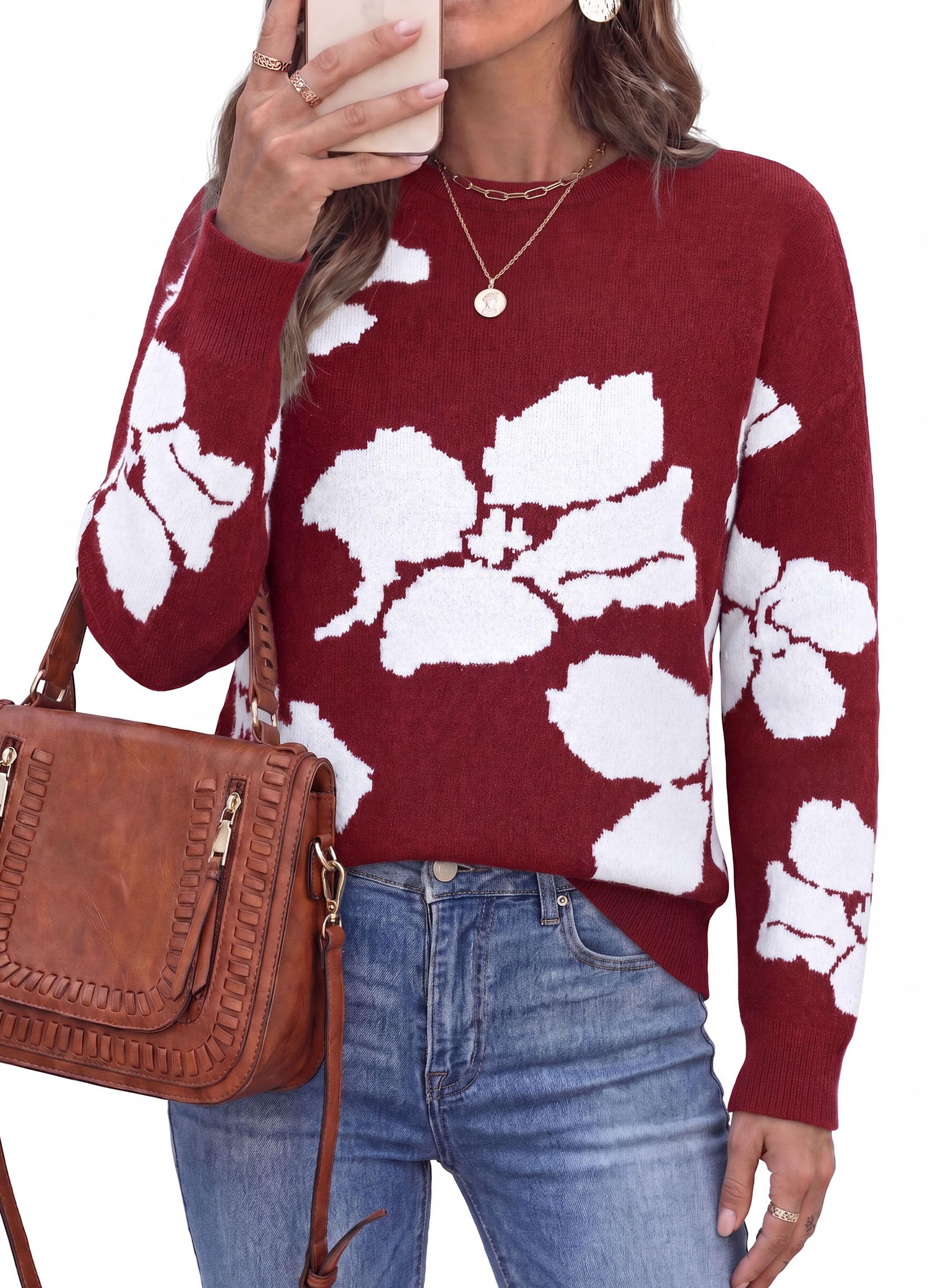 Womens Floral Sweater Crewneck Printed Pullover Tops Wine Red