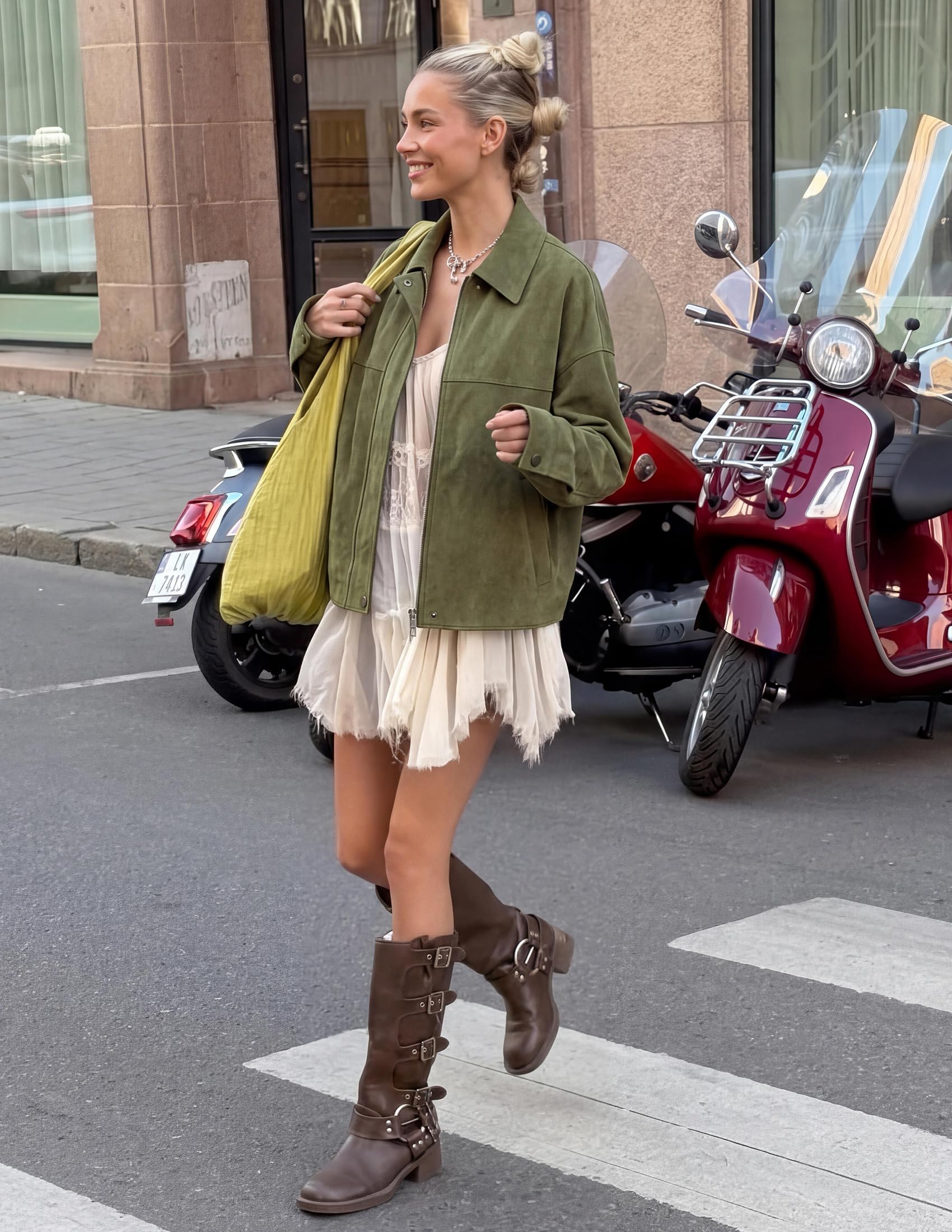 Women's Faux Suede Cropped Fall Jackets,Army Green,M