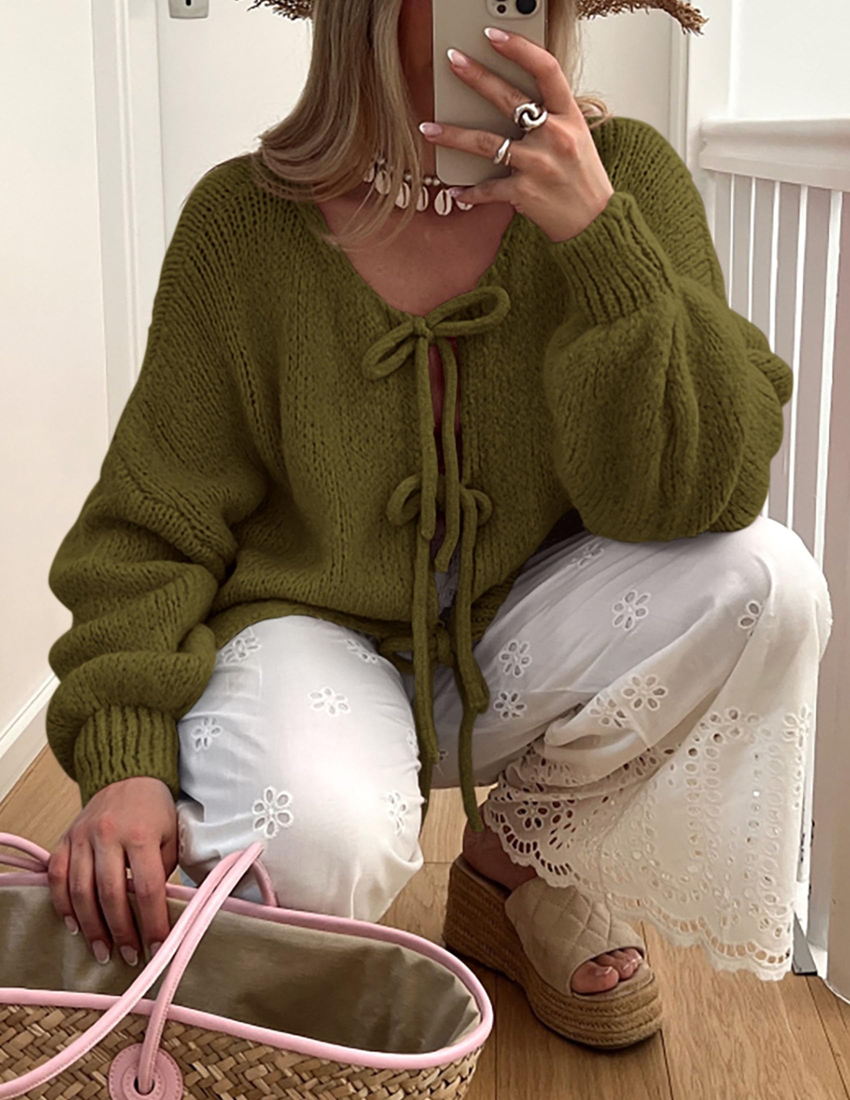 Women's Tie Front Bow Cardigan Sweaters(Army Green,Small)