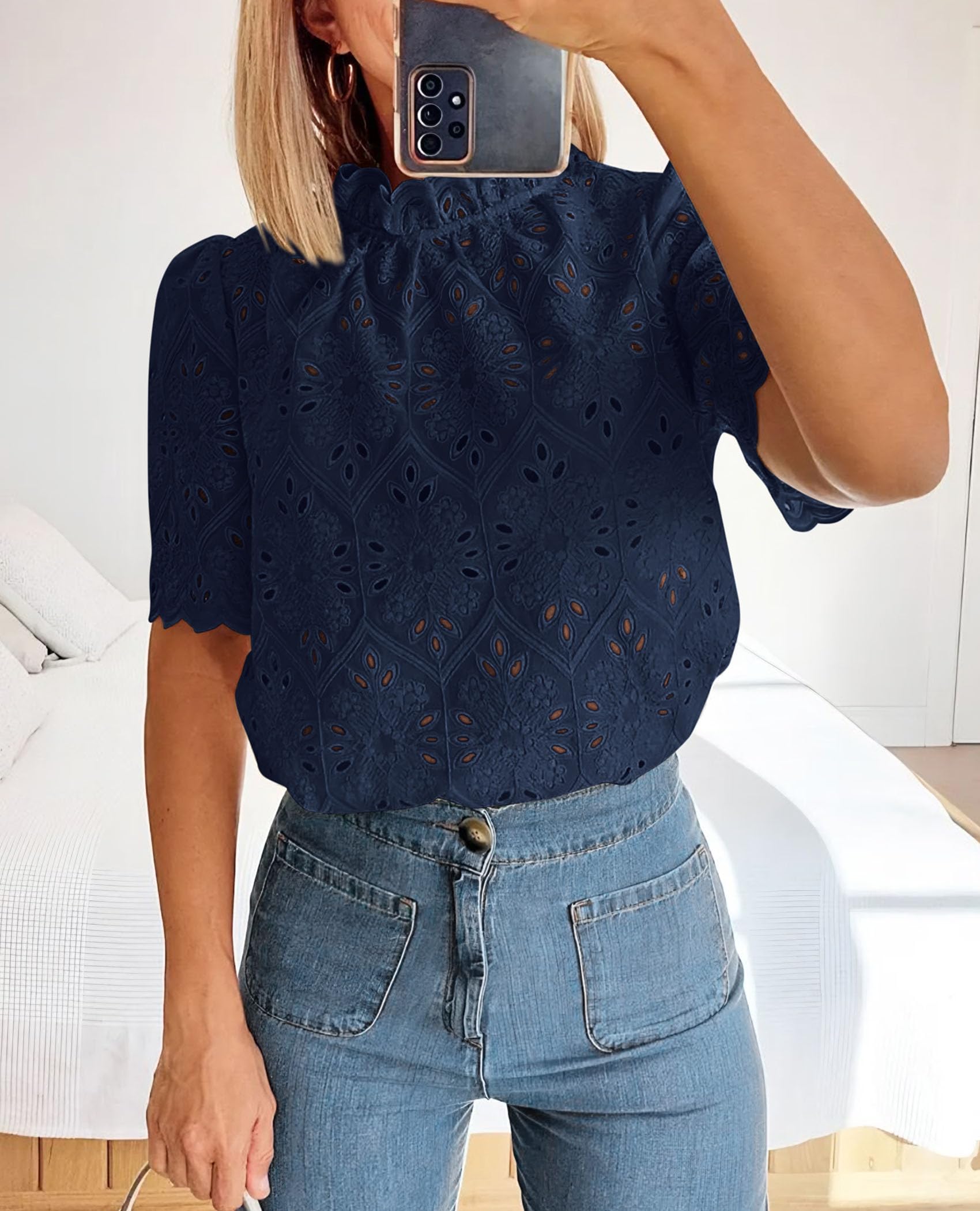 Women Summer Tops Eyelet Embroidered Shirts,Navy,XS