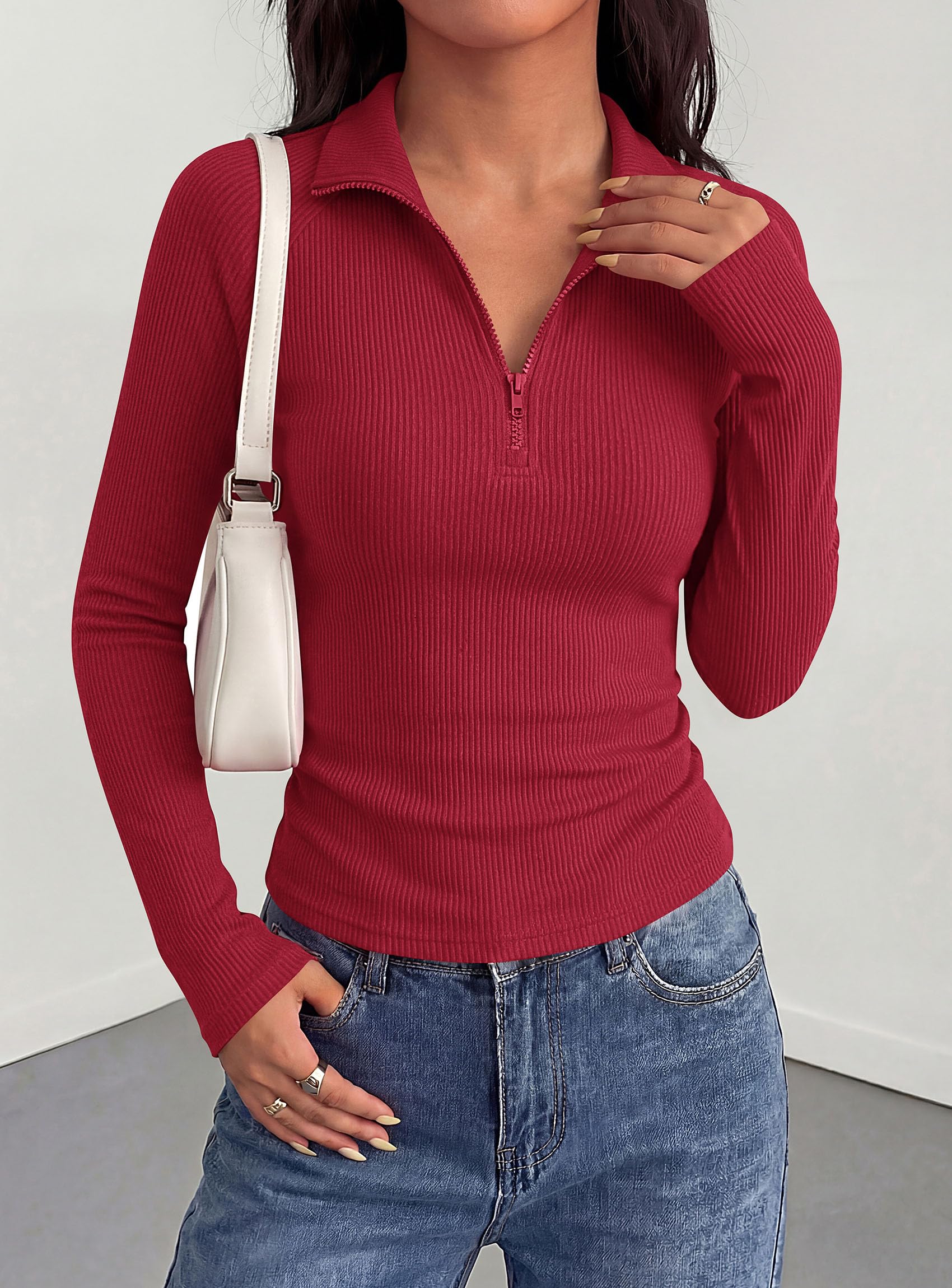 Women's Long Sleeve Shirts Fall Quarter Zip Up Pullover Tops