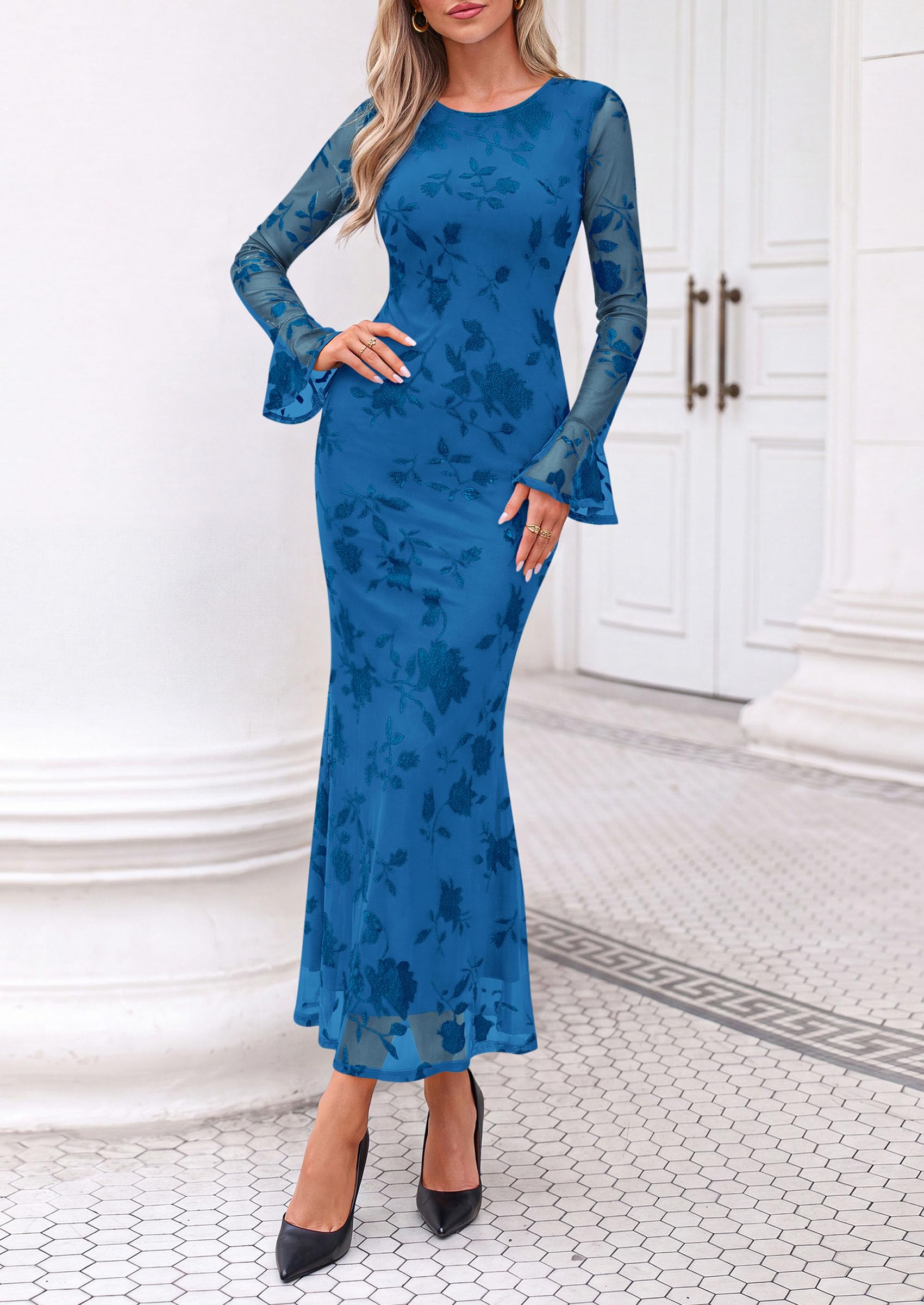 Women's Long Sleeve Maxi Floral Mesh Fall Wedding Guest Dress