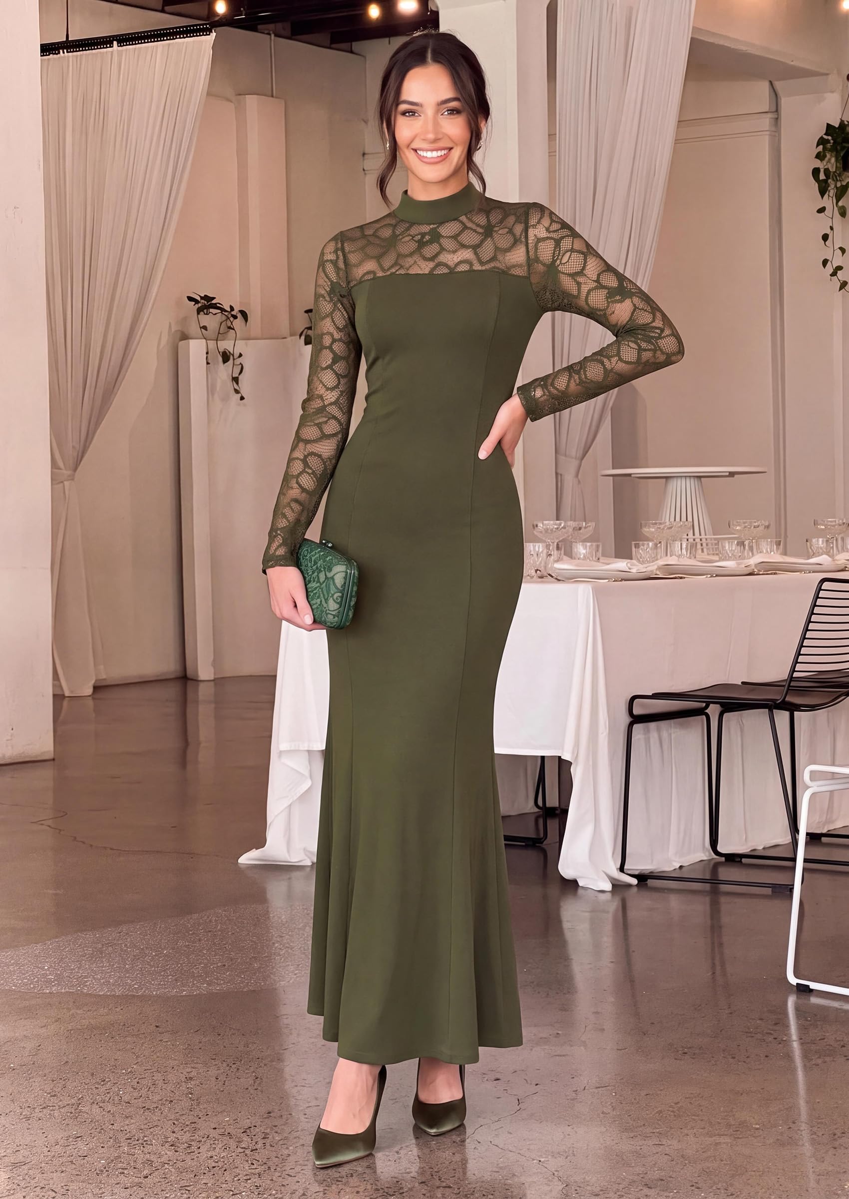 Women's Fall Lace Sheer Dress Bodycon Maxi Cocktail Dresses