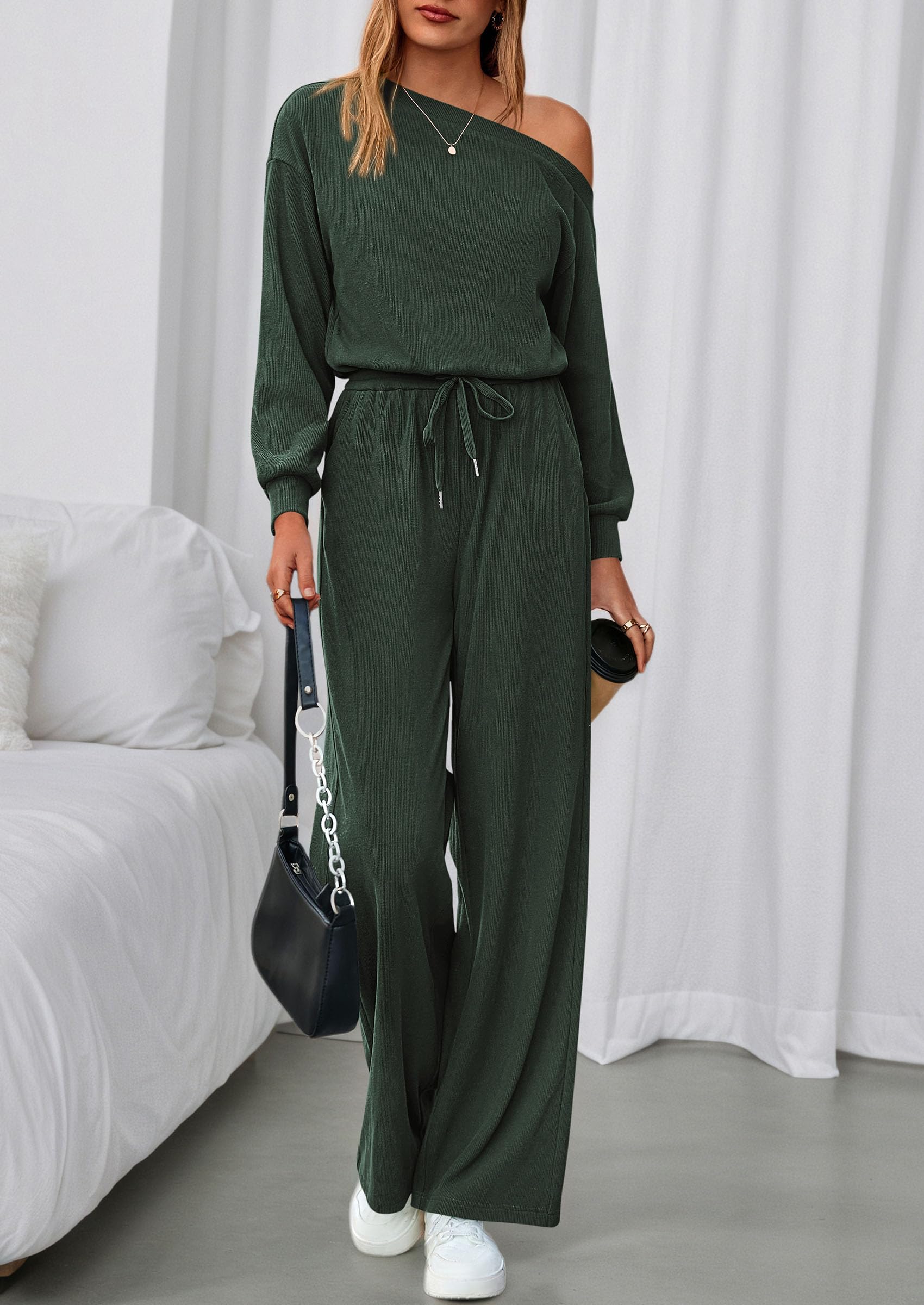 Womens Off Shoulder Long Sleeve Jumpsuit,Dark Army Green,S