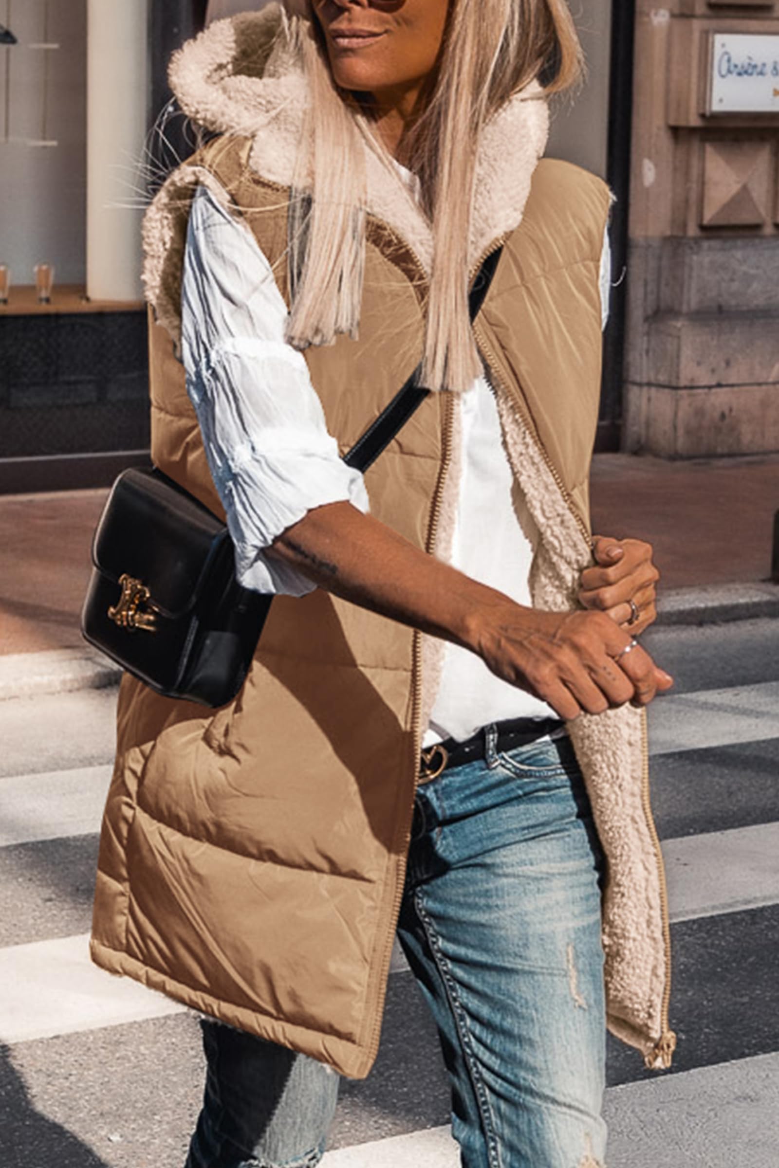 Women's Winter Reversible Fleece Long Vests(Light Camel,S)