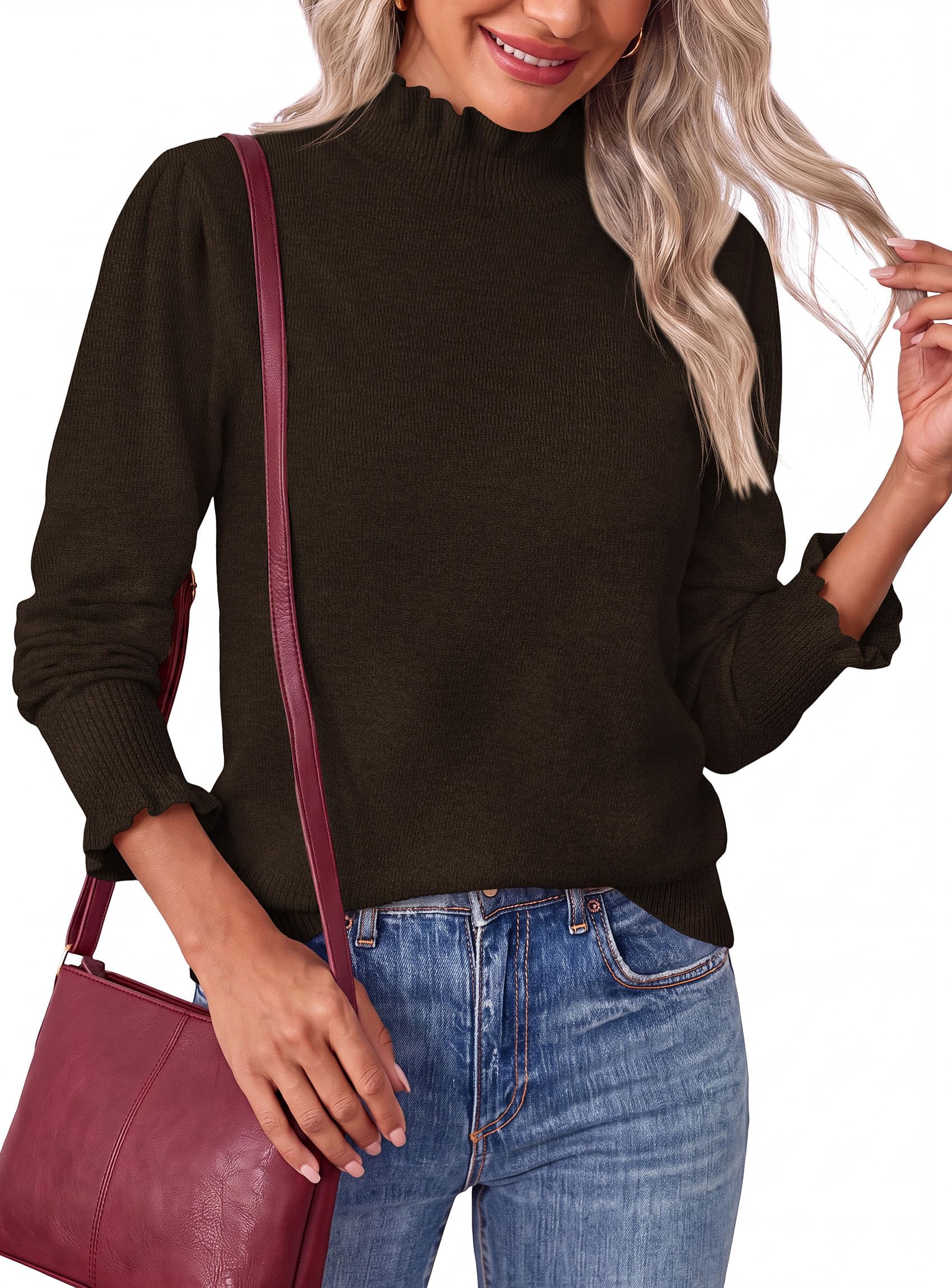 Women's Fall Cozy Sweaters Trendy Ruffle Mock Neck Pullover
