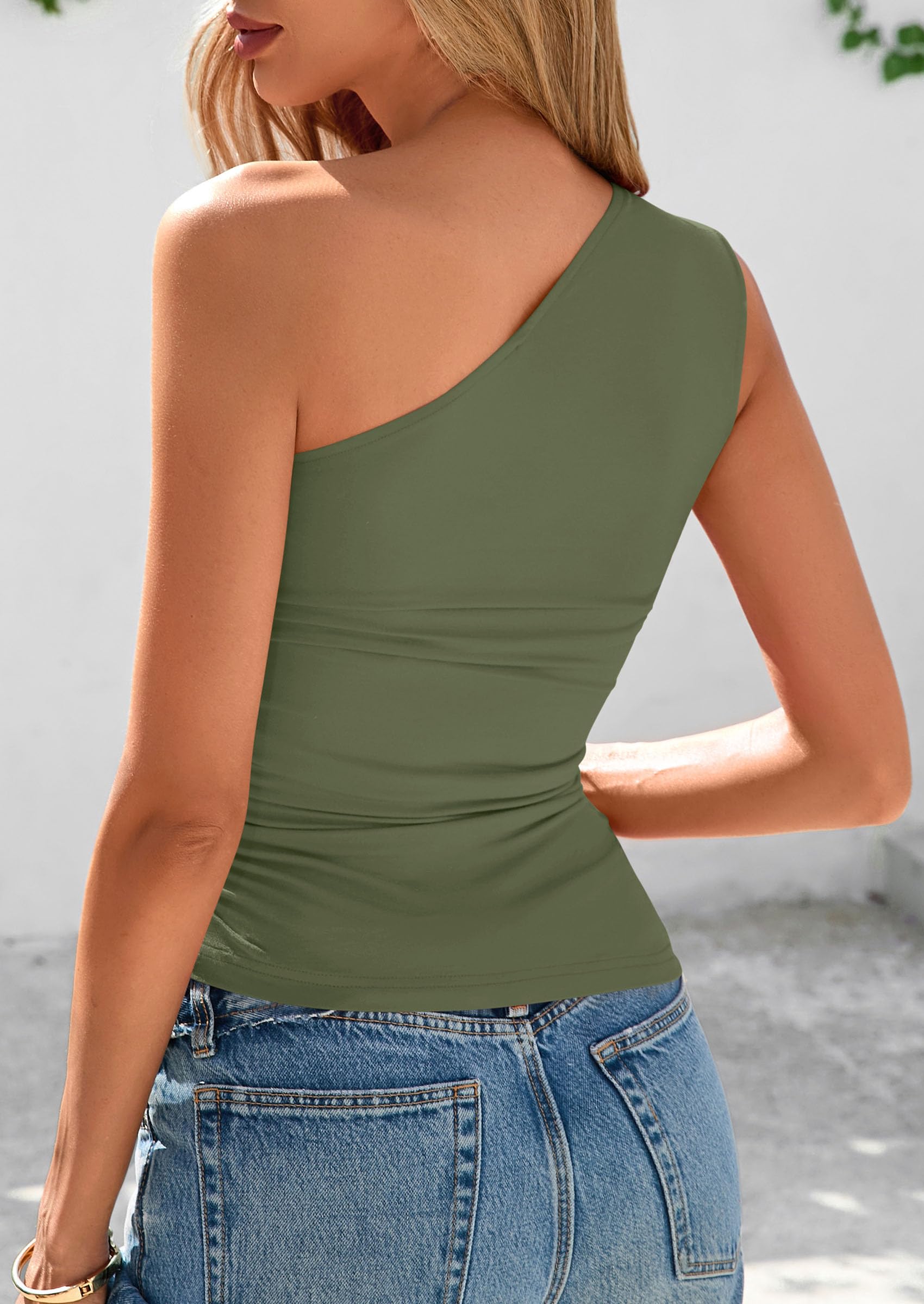One Shoulder Summer Tops for Women,Grey Green,XS
