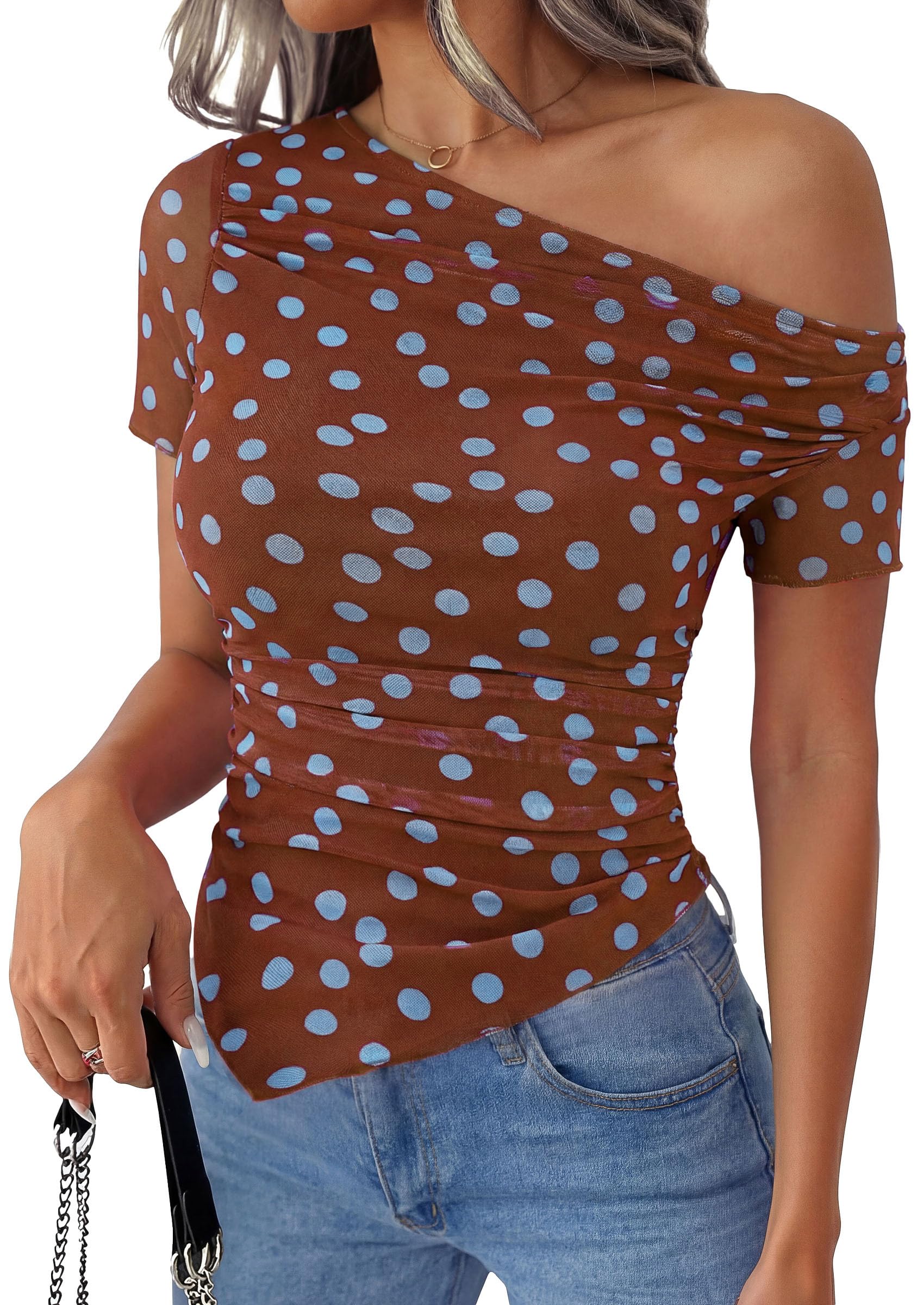 Mesh Off The Shoulder Tops for Women,Polka Dot Brown,XS