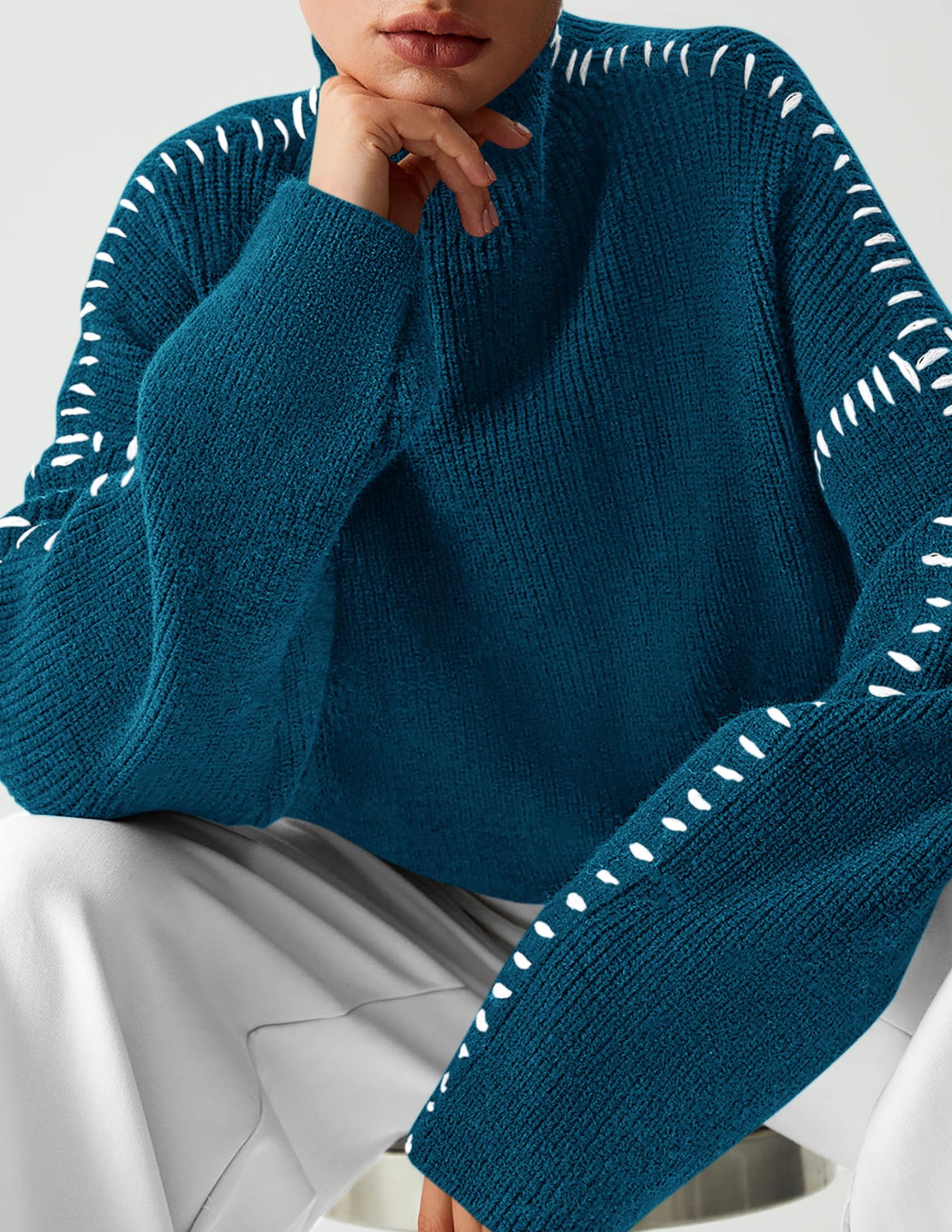 Womens Chunky Knit Oversized Pullover Sweaters,Blue Green,S