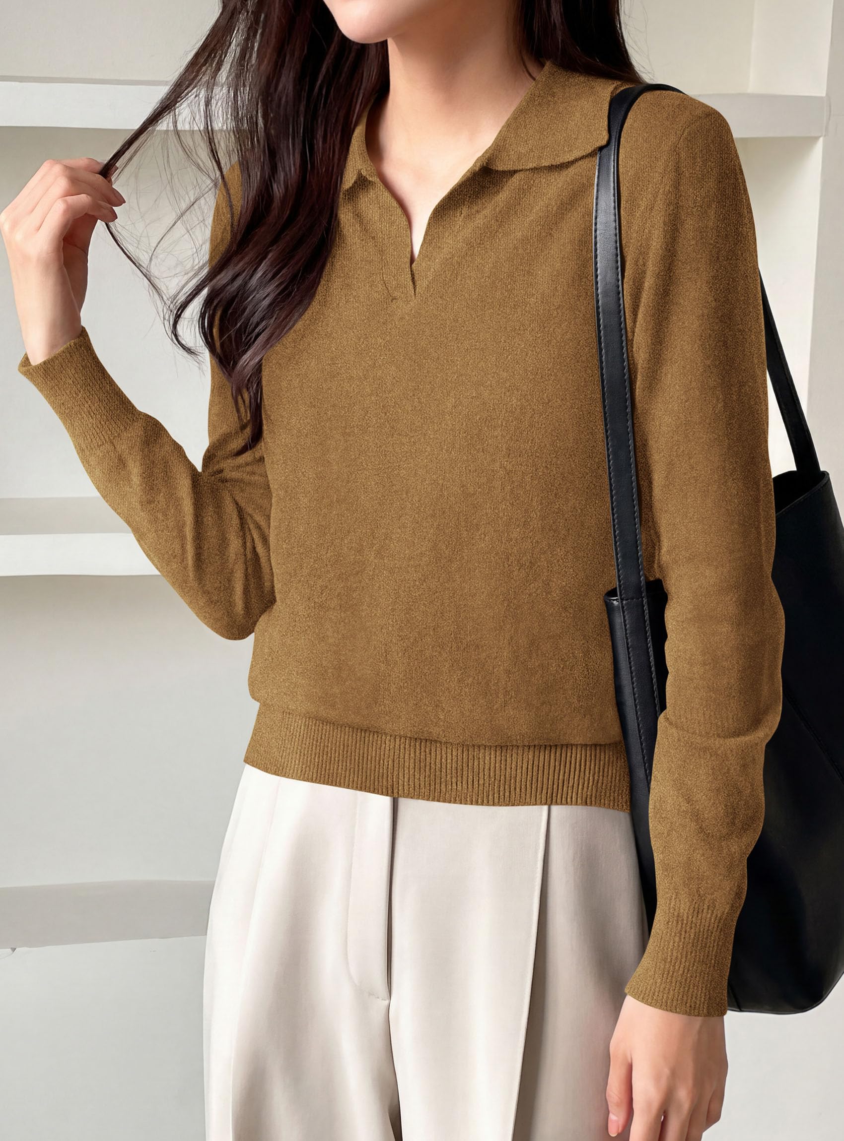 Womens Long Sleeve Collared Polo Sweater,Khaki,S