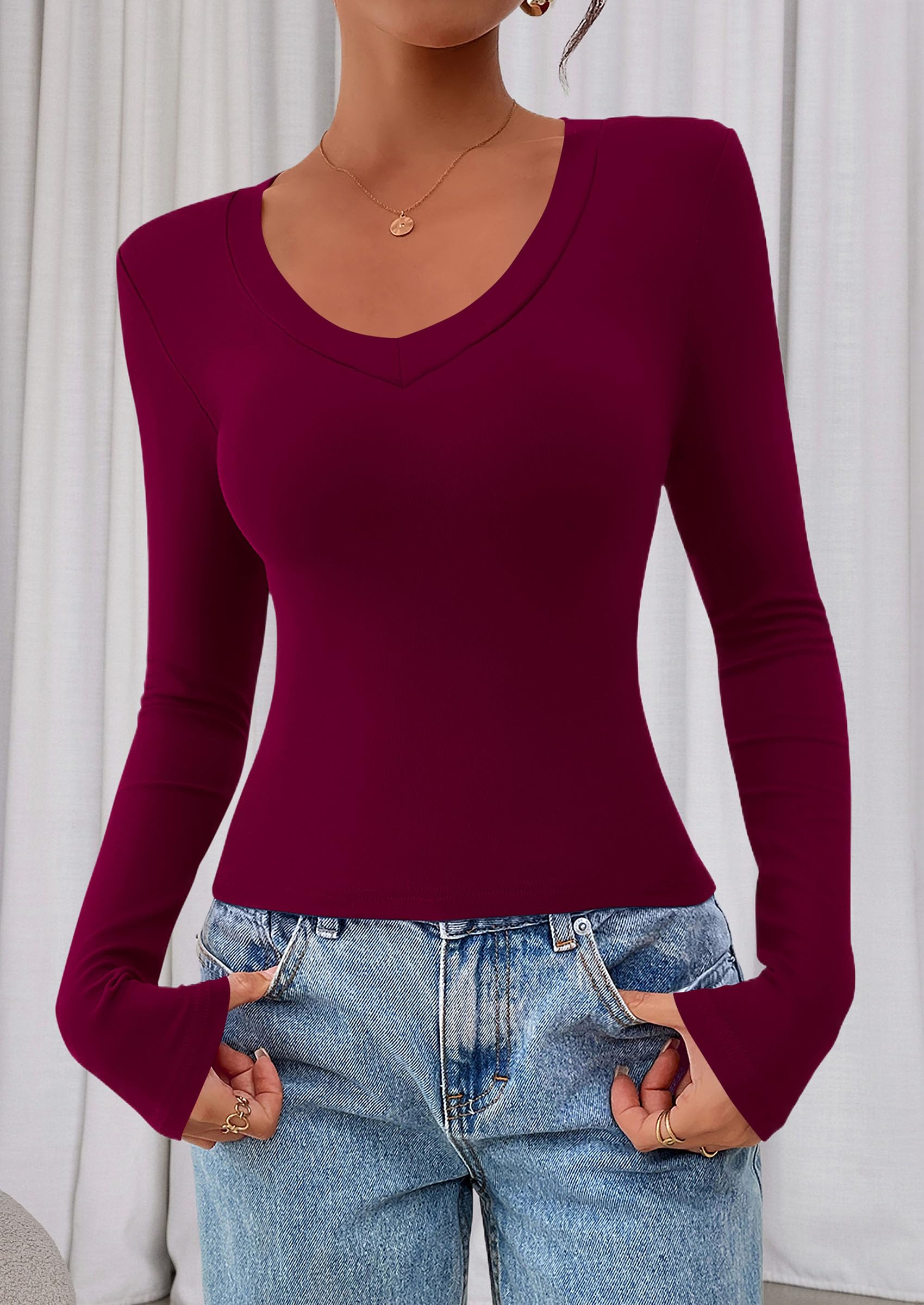 Womens Long Sleeve Slim Fit Crop Tops,Wine Red,XS