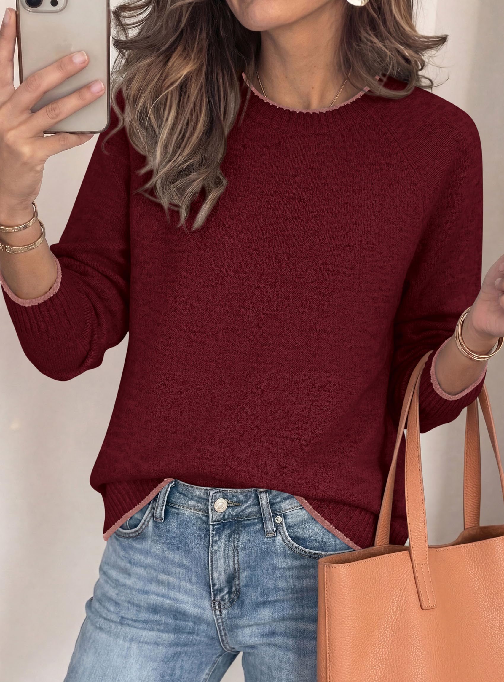 Womens Crewneck Fall Sweaters Pullover Tops,Wine Red,S