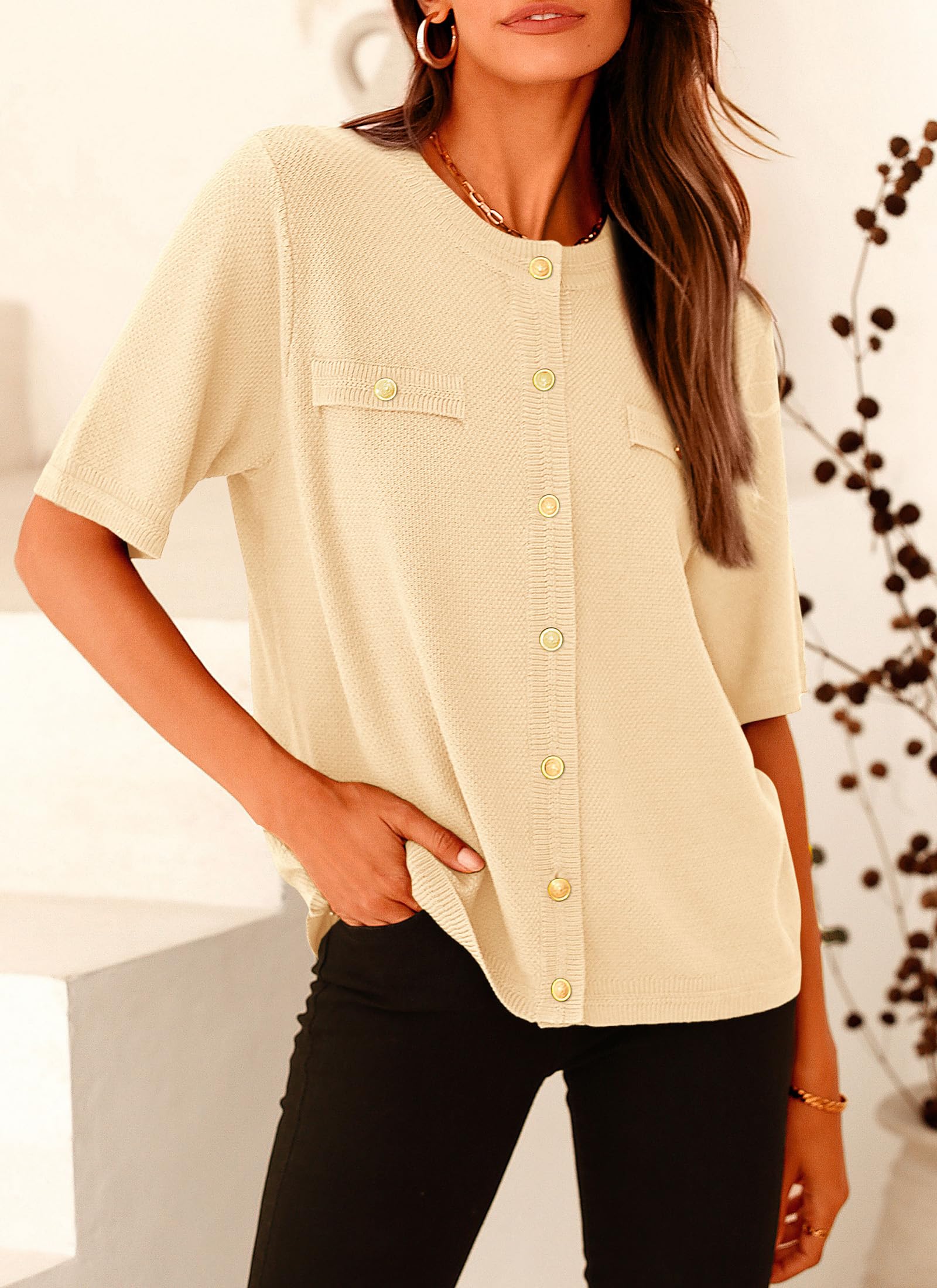 Women's Summer Casual Button Down Shirts Beige,Small