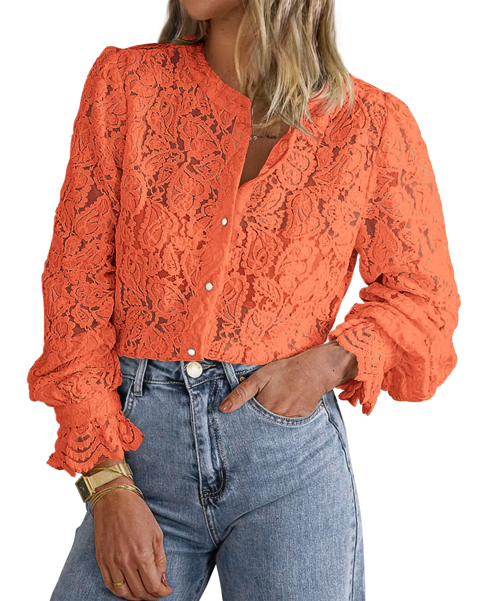 Women's Fall Trendy Long Sleeve Lace Tops(Orange,Small)