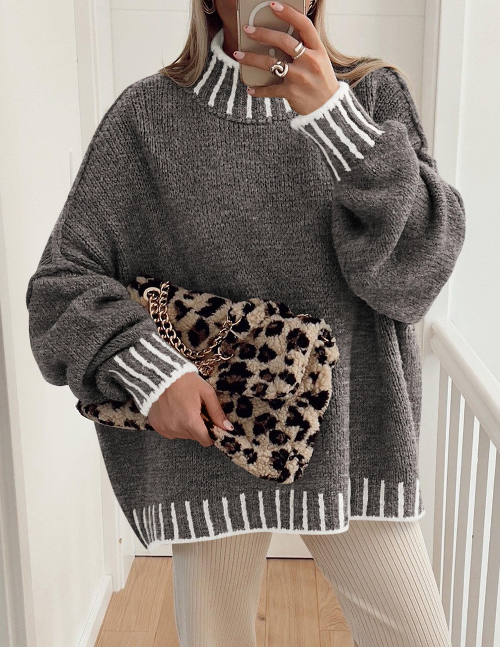 Women's Mock Neck Oversized Pullover Sweaters,Grey,XS