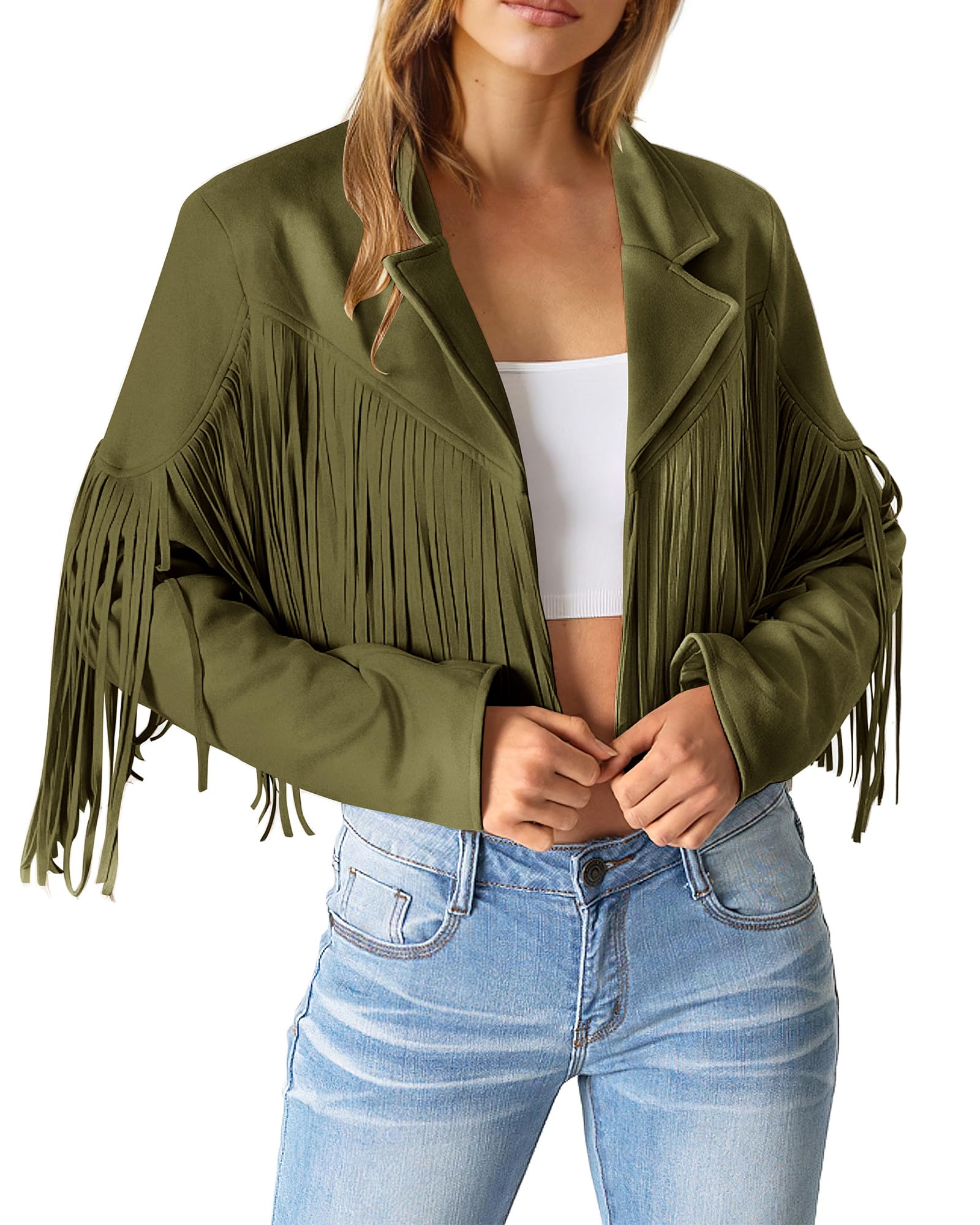 Women's Fringe Faux Suede Leather Jackets,Dark Army Green,S