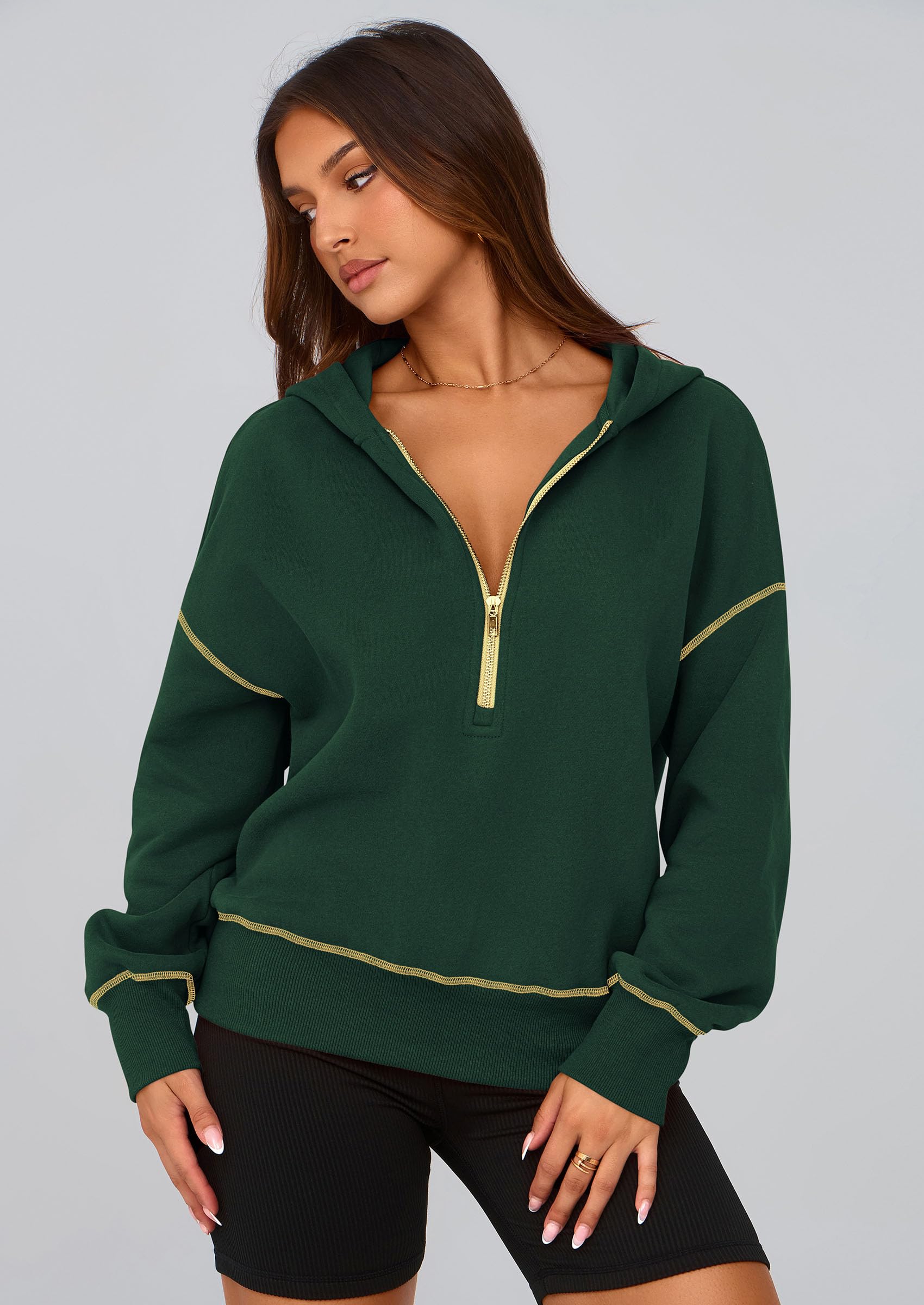 Women's Fall Half Zip Cropped Hoodie Sweatshirt Dark Green