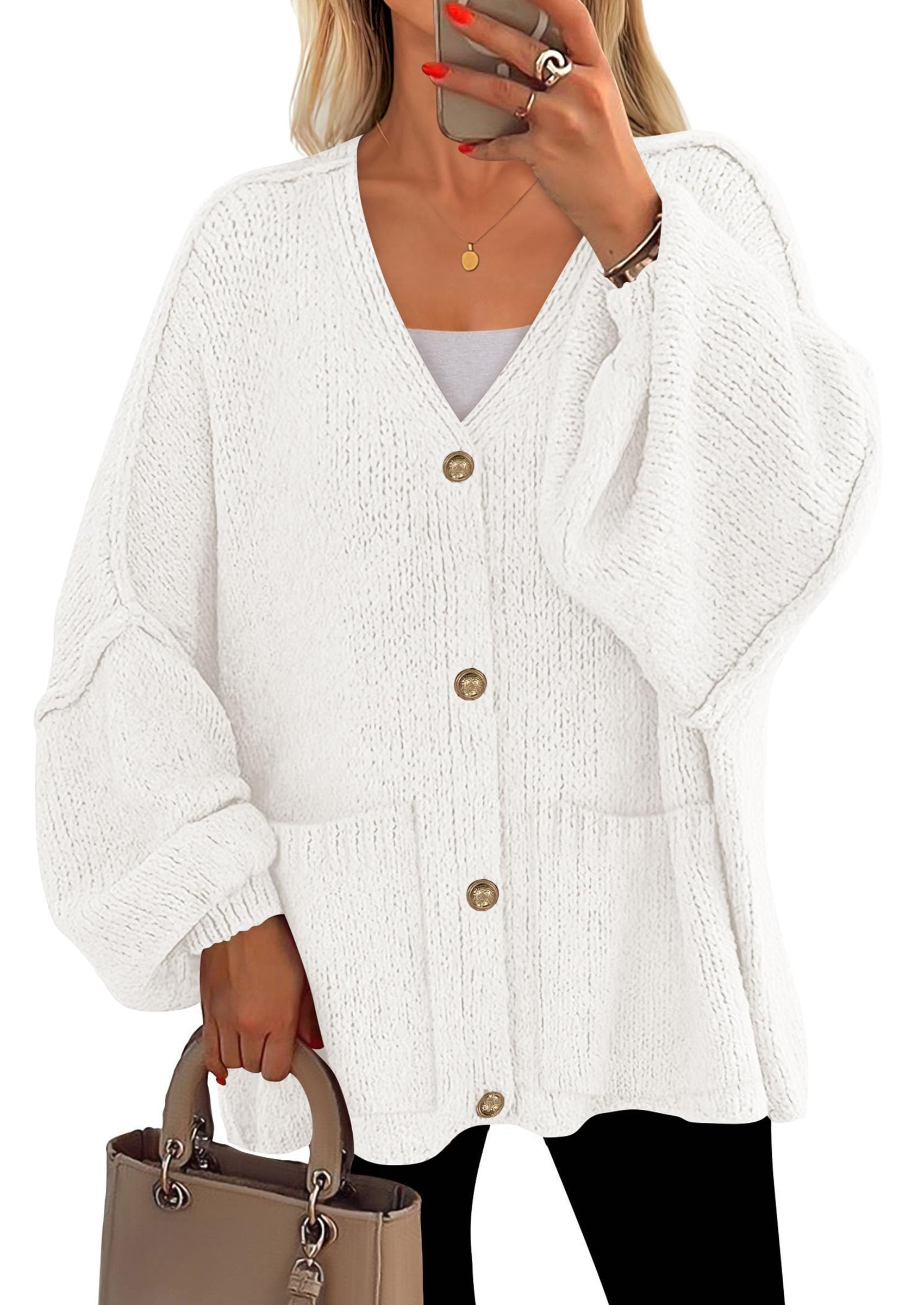 Oversized Chunky Cardigan Sweaters for Women White,S