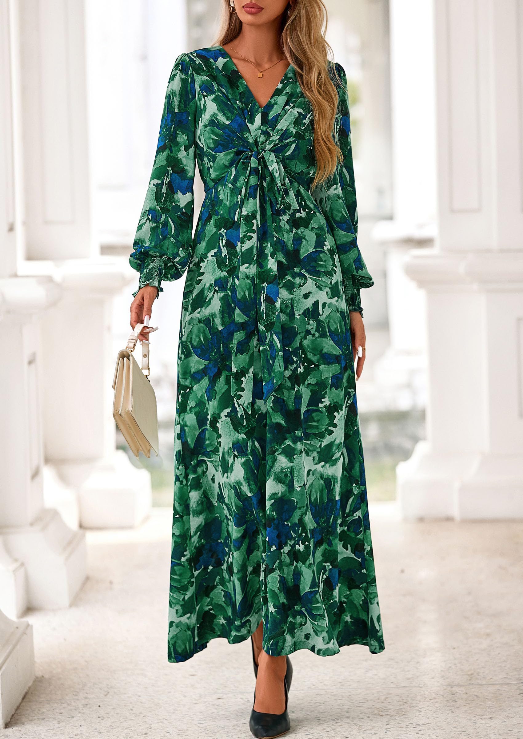 Women's Tie Waist Floral Maxi Dress,Floral Green,XL