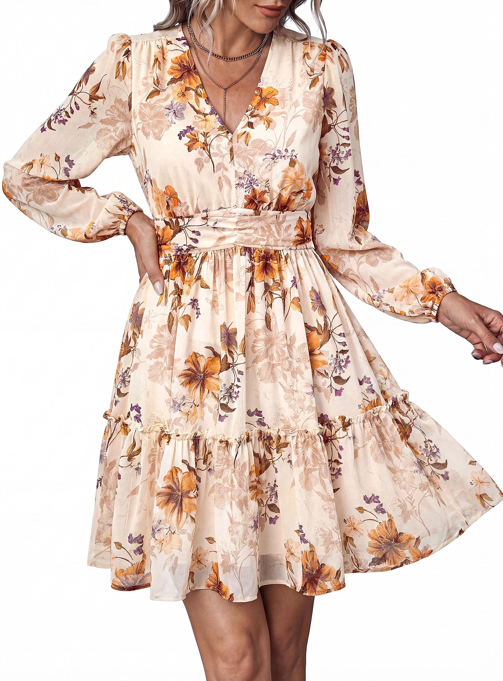 Women Floral Long Sleeve Mini Dress Fall Wedding Guest Dresses