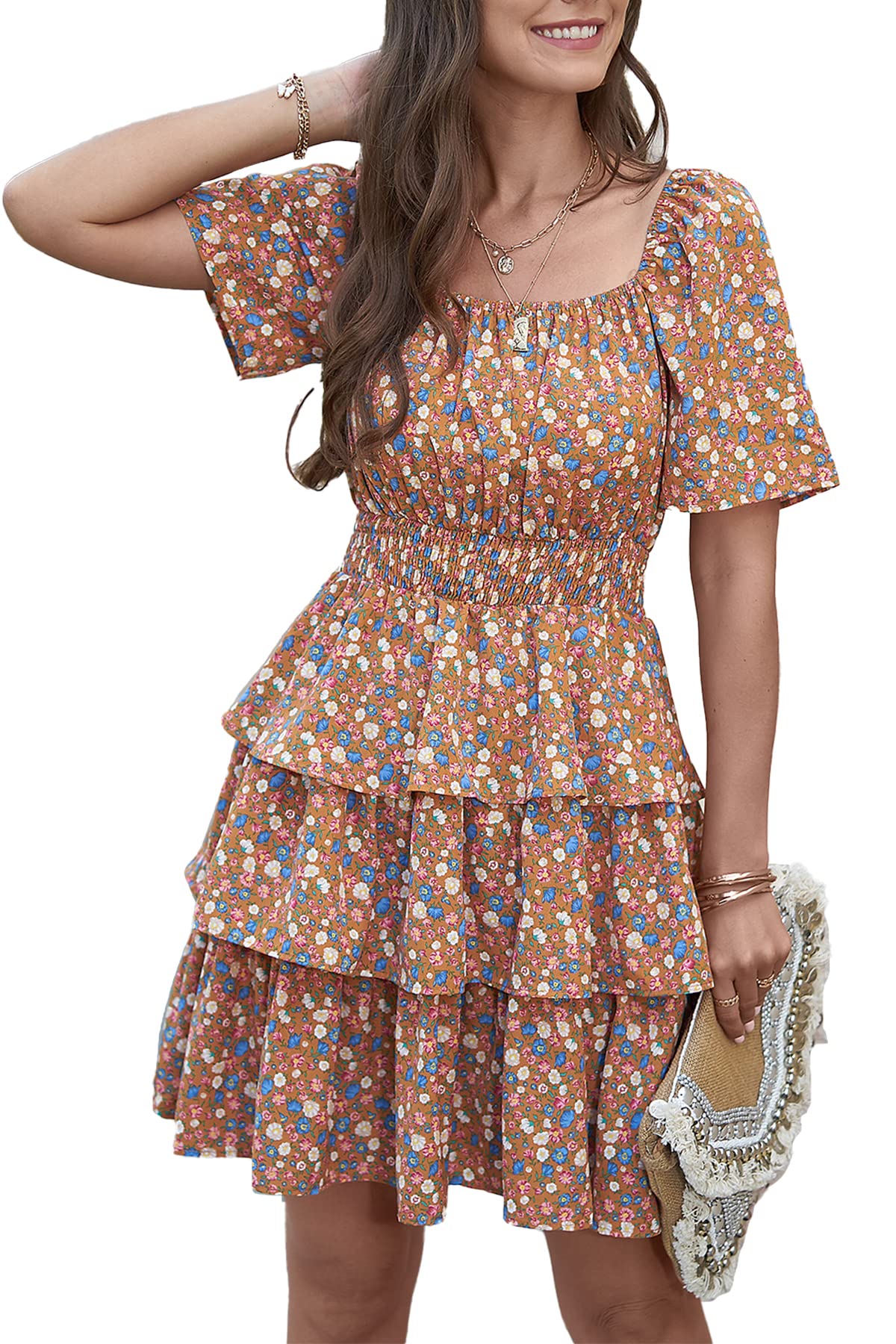 Women's 2025 Floral Summer Short Dress Square Neck Short Sleeve Tiered Ruffle Boho Swing Dresses (Turmeric,Small)