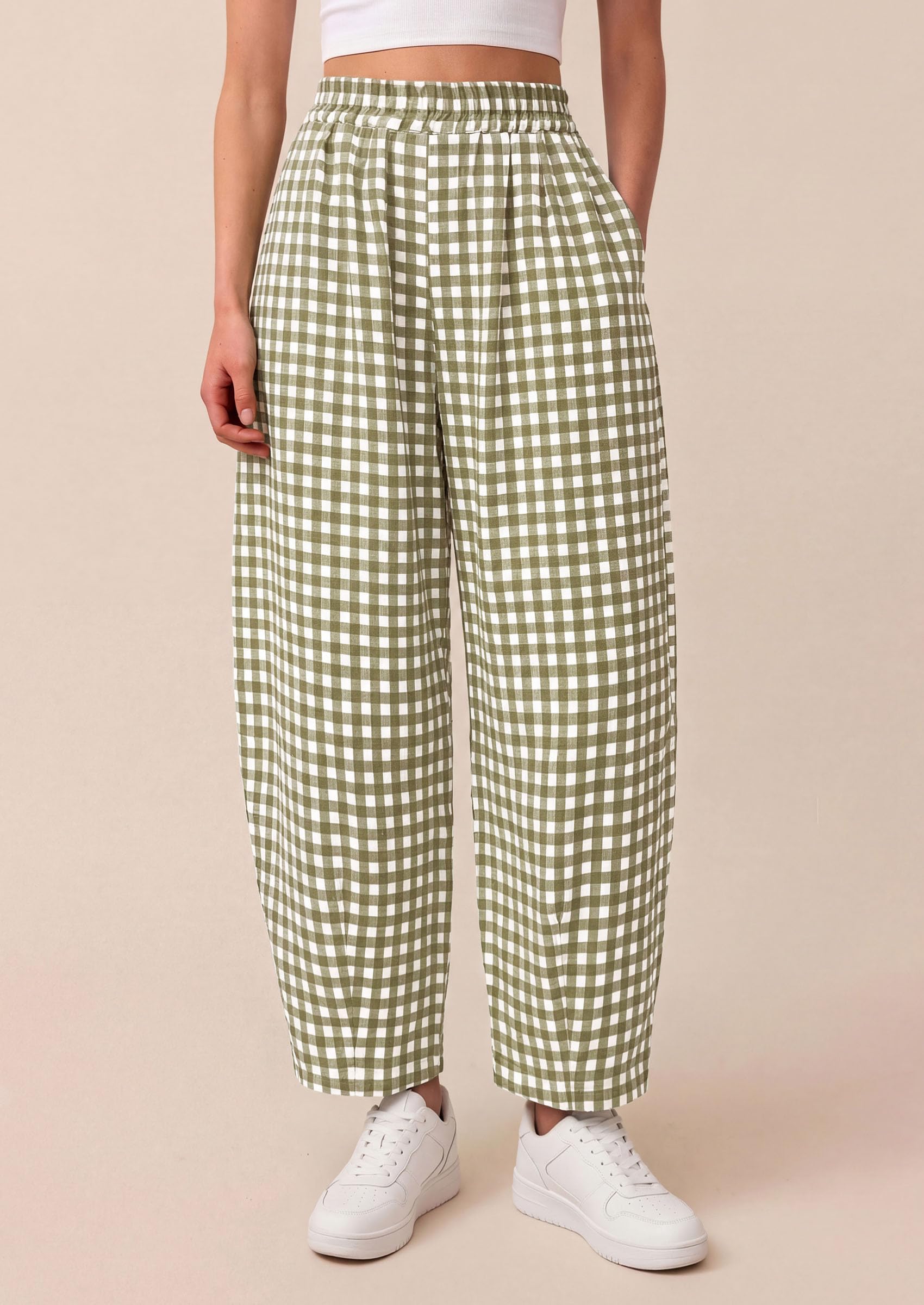 Plaid Barrel Pants Women Summer Bottoms, Army Green Plaid,S