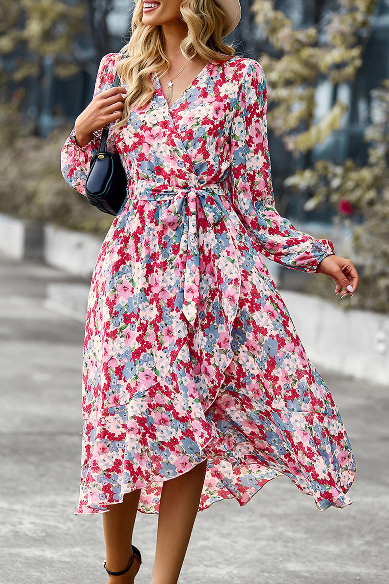 Women's Floral Boho Long Sleeve Maxi Dress, Floral Pink,S