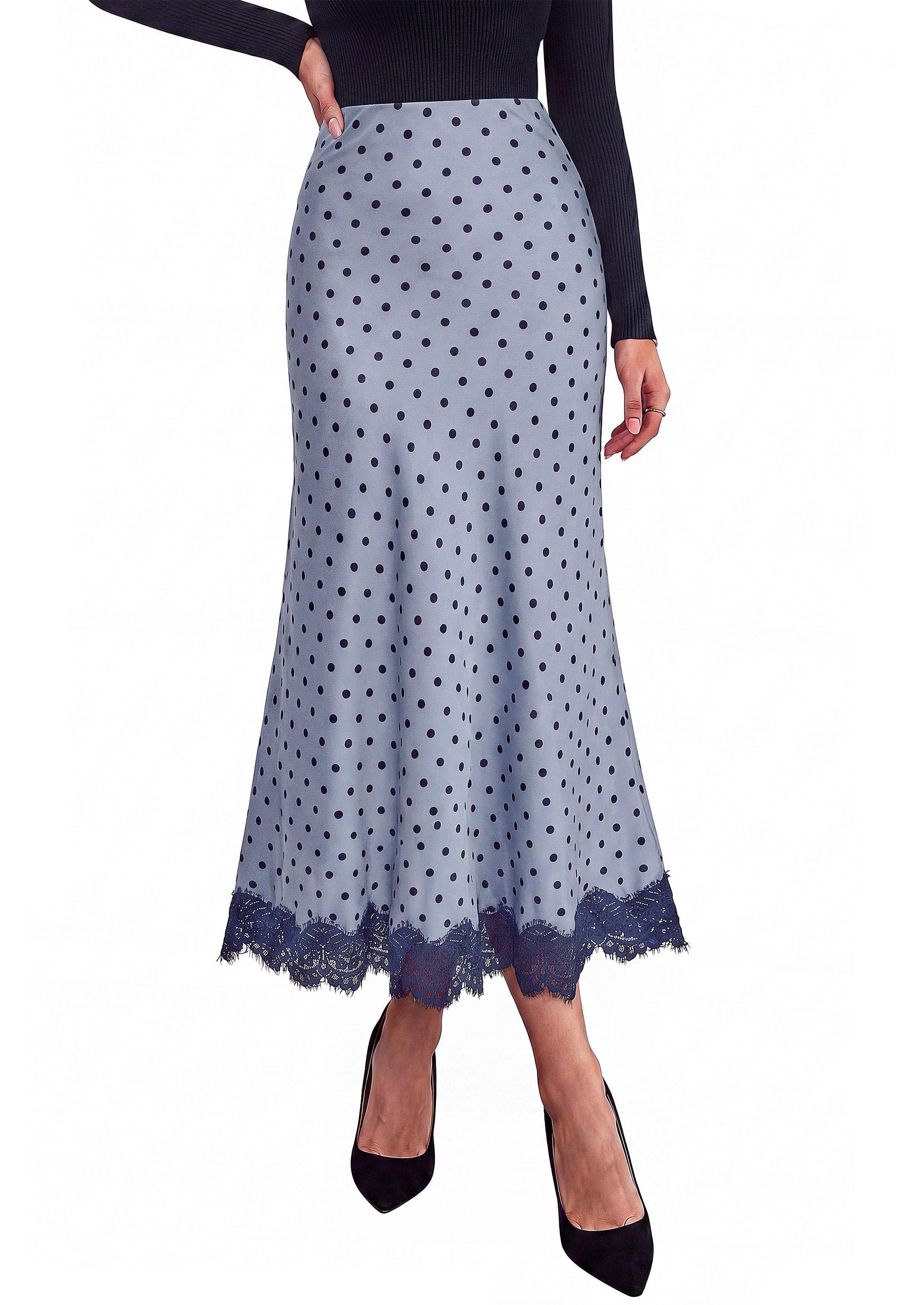 Women's Polka Dot Satin Skirt Fall Flowy Midi Leopard Skirts