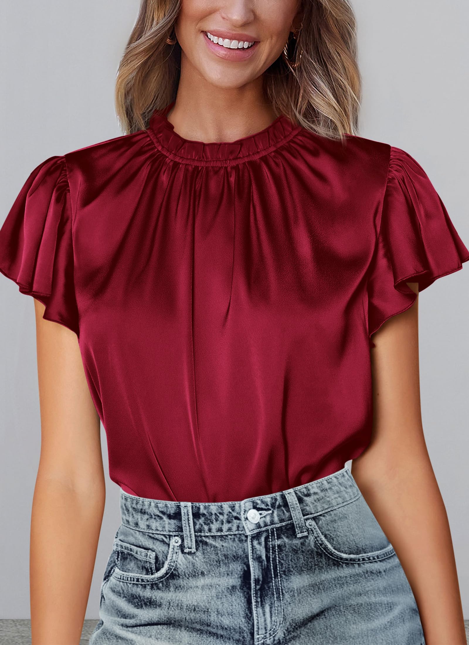 Women's Satin Tops Business Casual Work Blouses, Wine Red,S
