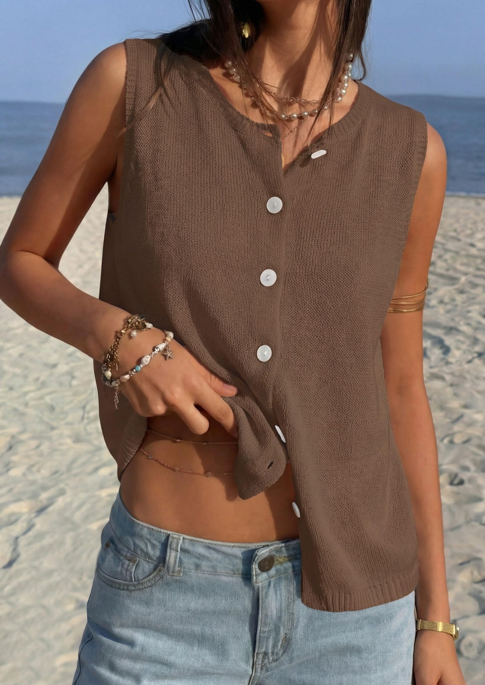 Women's Summer Button Up Sweater Vest Tops,Brown,S