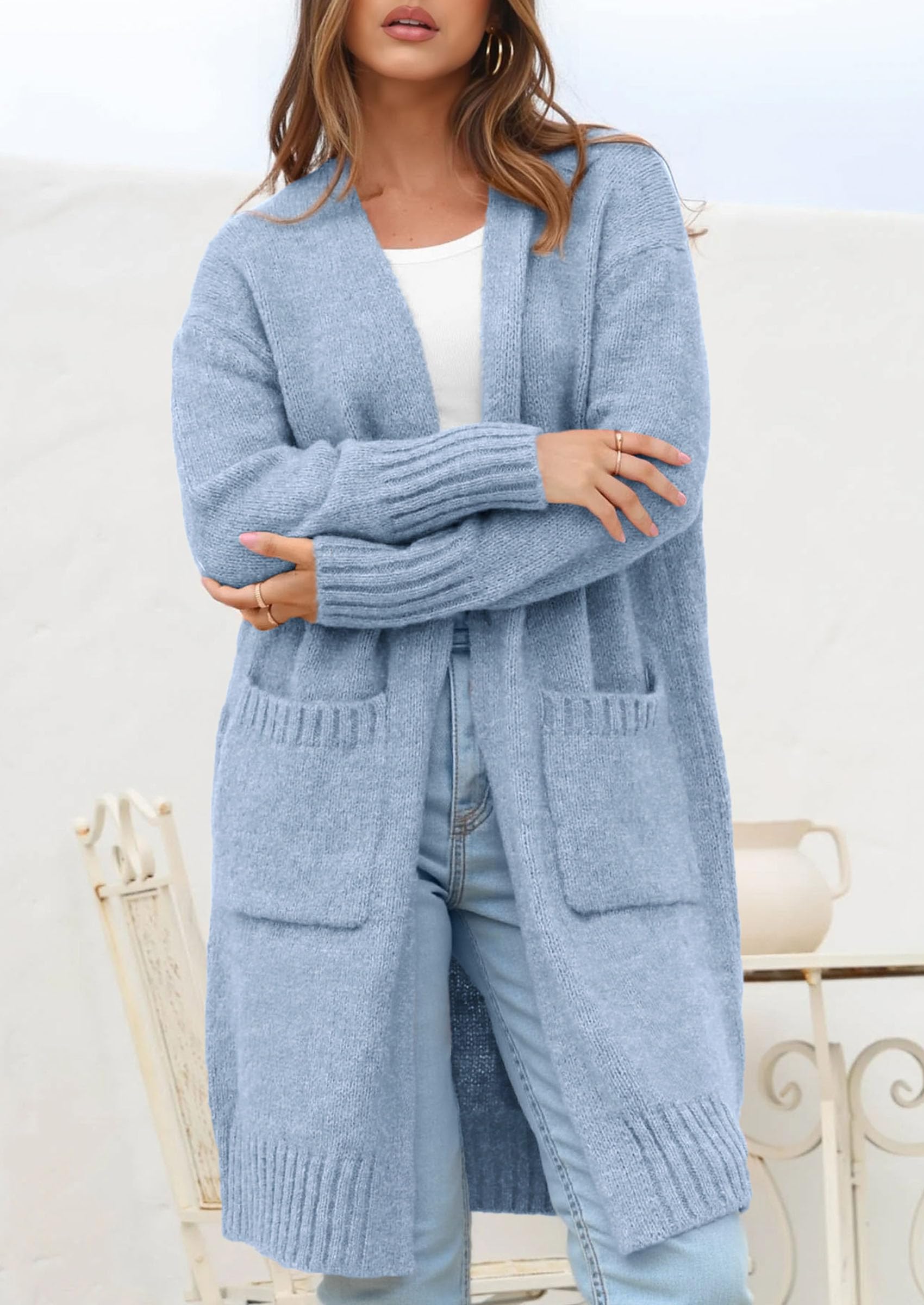 Open Front Cardigan Sweaters for Women,Blue,S
