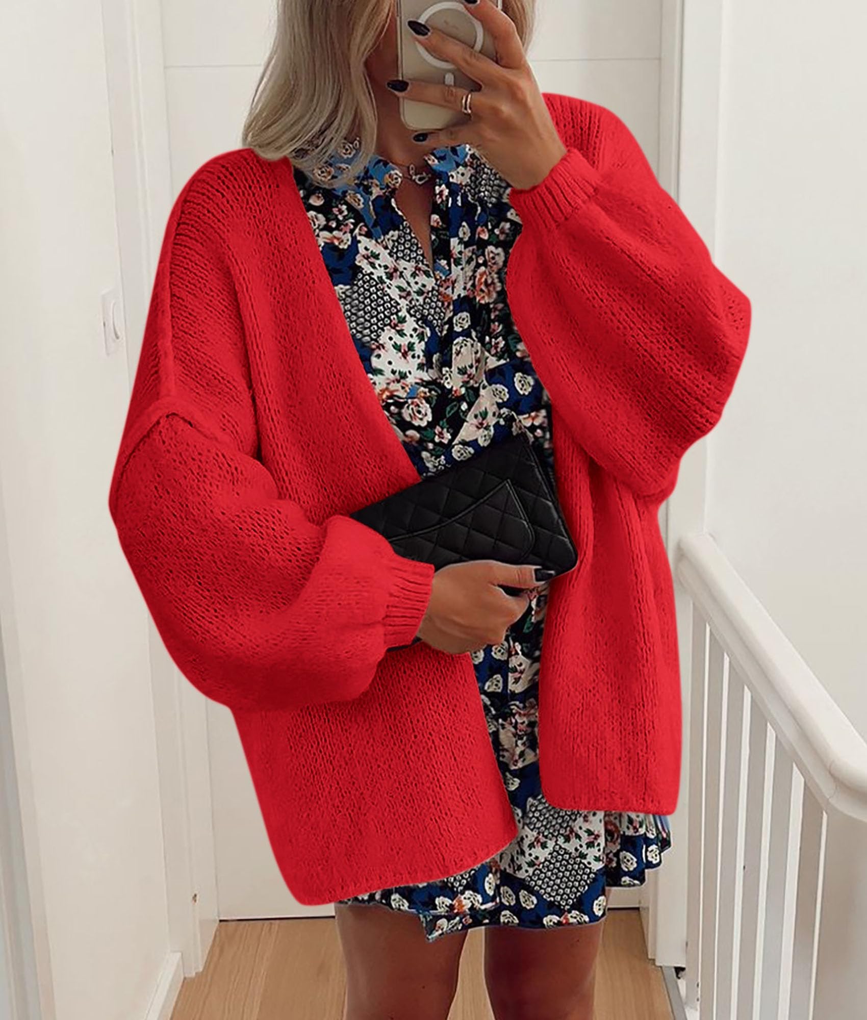 Womens Open Front Oversized Cardigan Sweaters,Red,XS