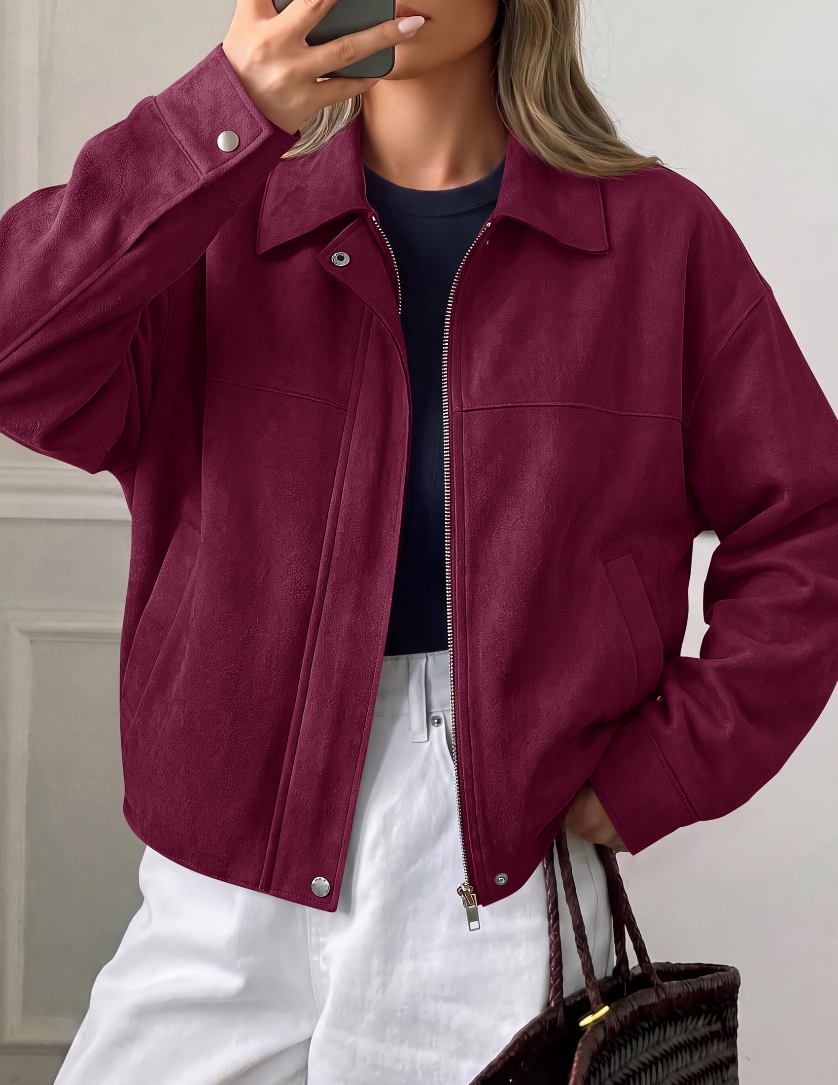 Women's Faux Suede Cropped Fall Jackets,Wine Red,S