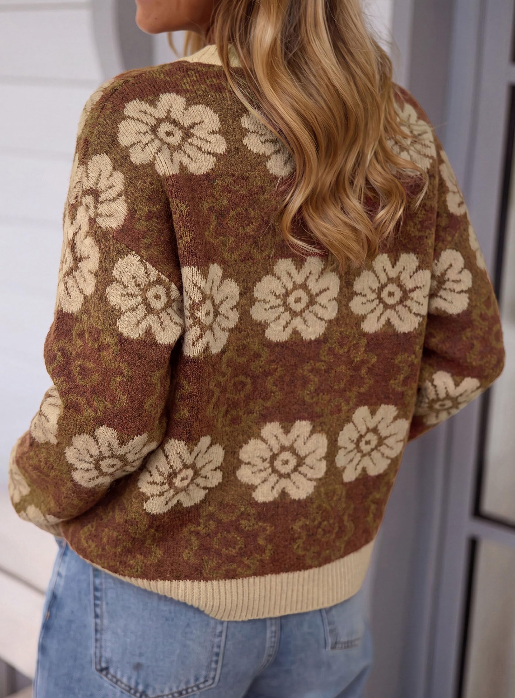Women's Floral Crewneck Sweater Knit Pullover,Brown,S
